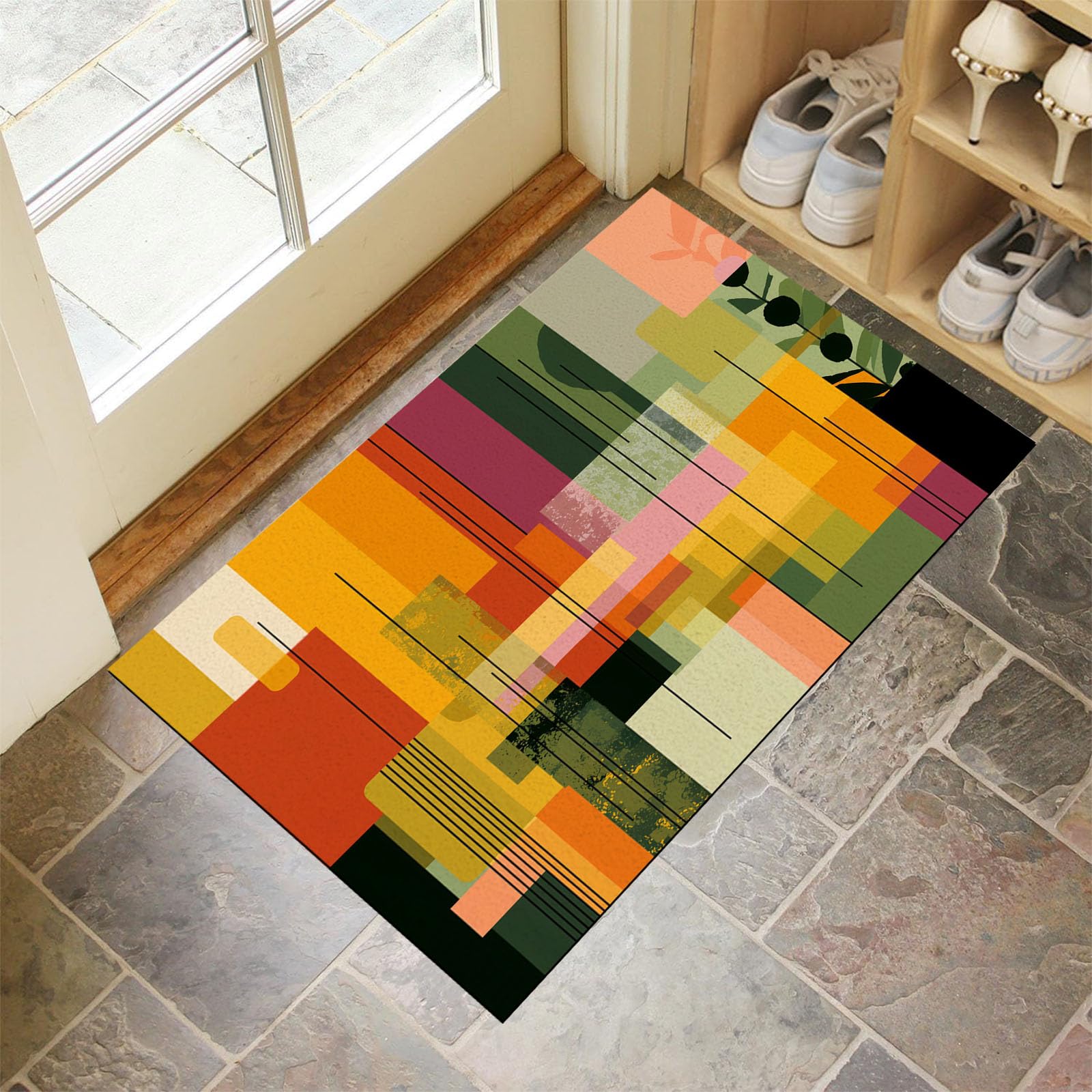 Paillasson jaune moutarde géométrique colorblock 50x80cm pour entrée et couloir