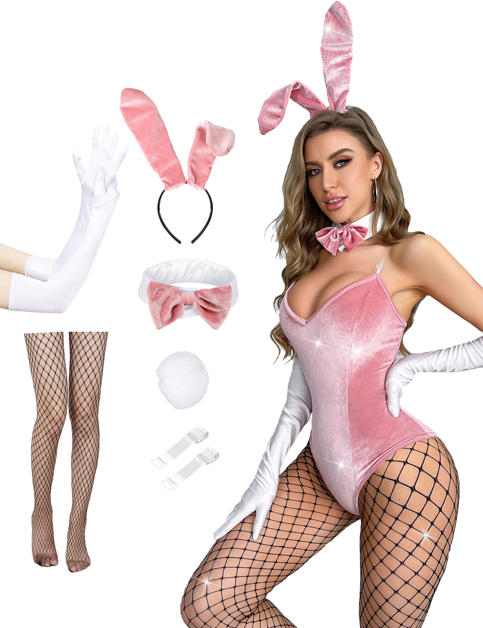 Angelaicos Womens Bunny Costume Set Senpai Cosplay Halloween Roleplay Bodysuit Stockings