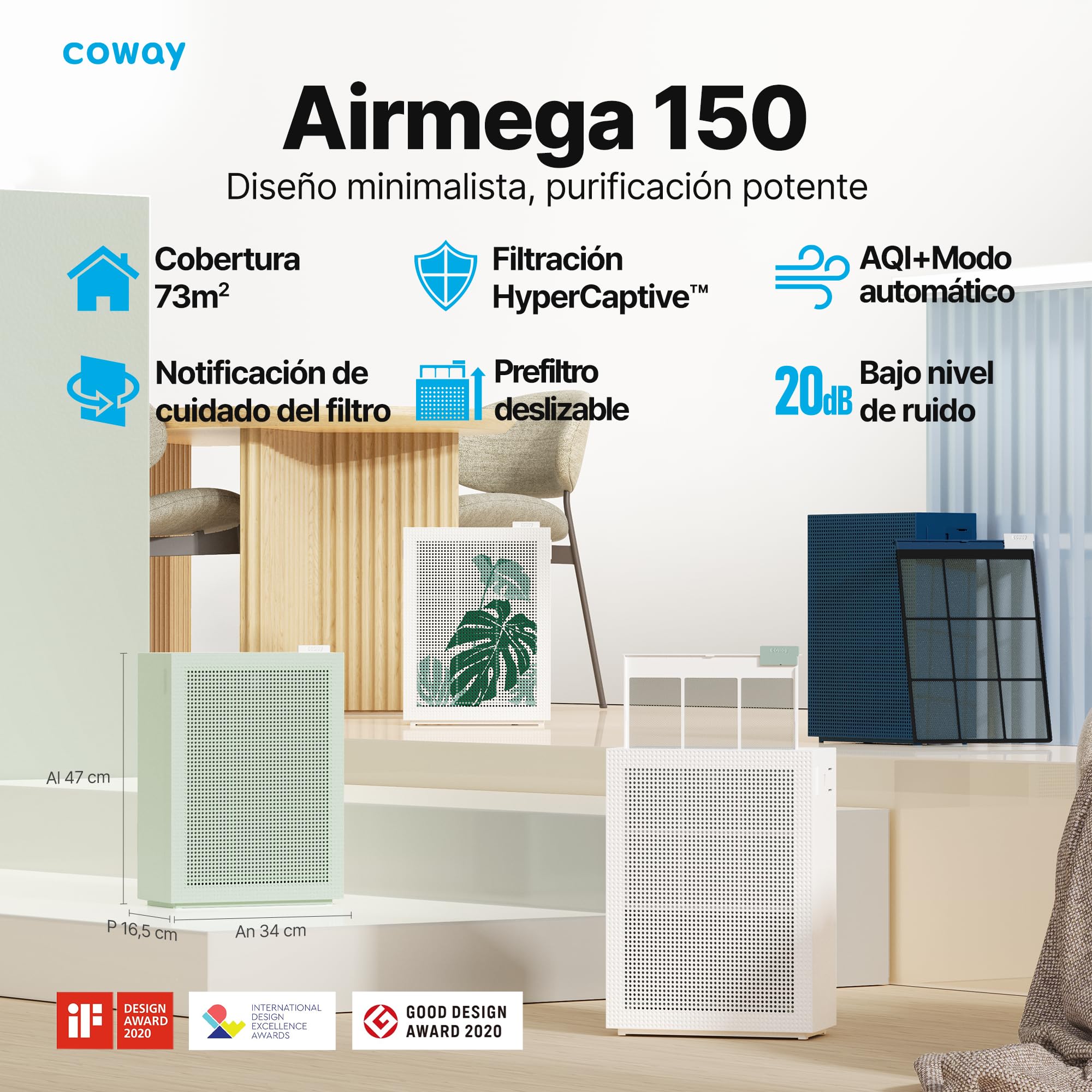 COWAY Purificador Aire, Calima Sahariana Alérgenos Mascotas, ECARF Quiet Mark, Modo Sueño 20 dB, Prefiltro Lavable, HyperCaptive 99,999% 0,01µm, CADR 281m³/h, Garantía 3 Años, Airmega 150, Bianco