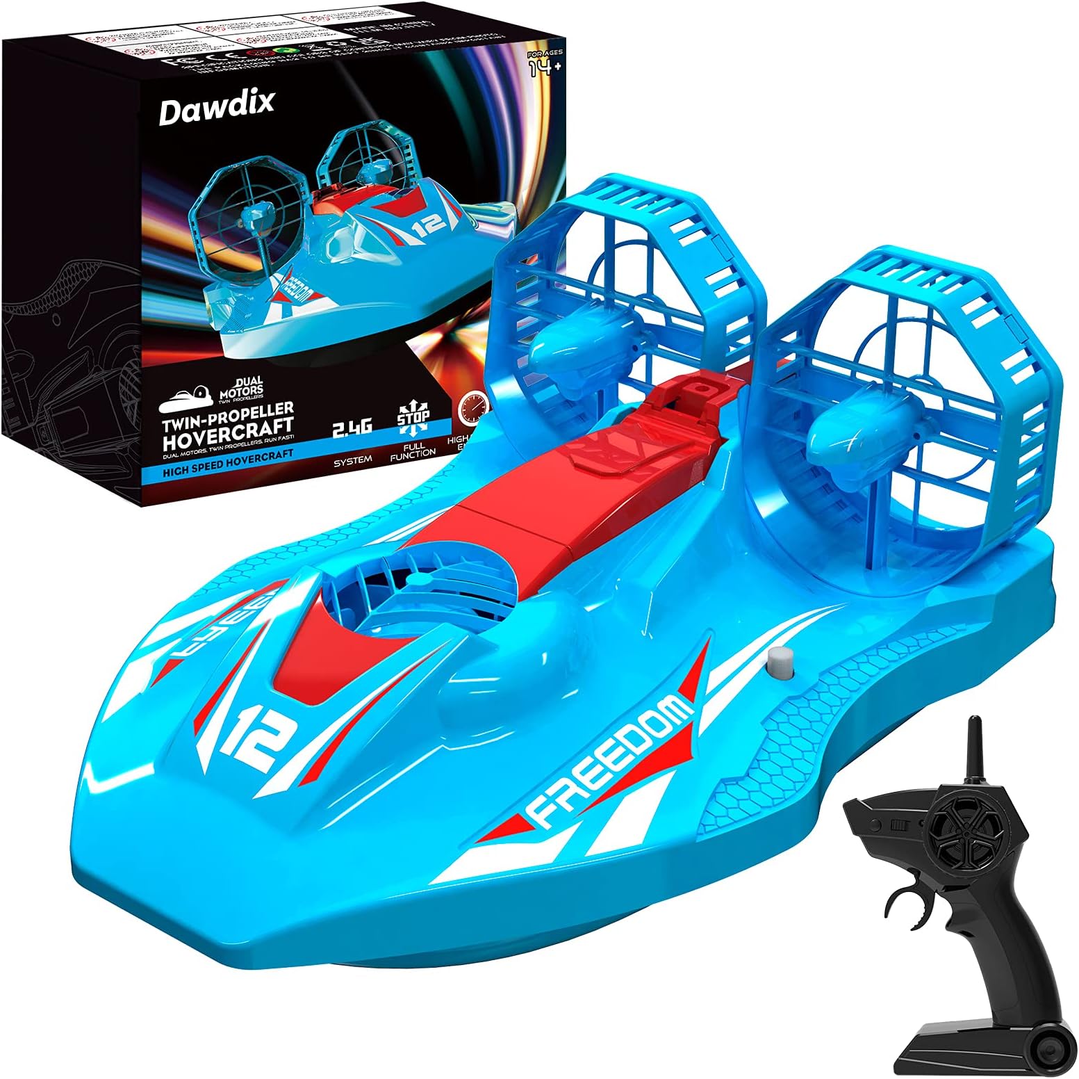 Dawdix Remote Control Boats with Dual Motors for Pools and Lakes,2.4 GHz Fast Speed RC Hovercraft with 2 Rechargeable Batteries,Low Battery Reminder,Watercraft Toy for Kids…