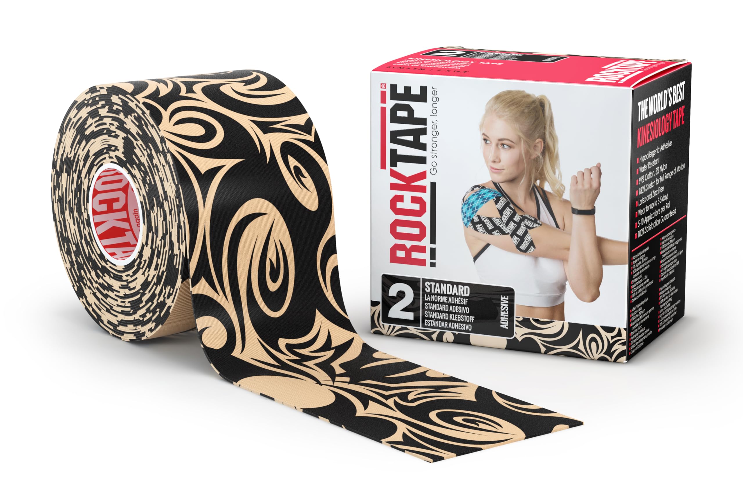 RockTape Standard Uncut Kinesiology Tape- Reduces Pain, Swelling, and Muscle Tightness,180% Stretch for Full Range of Motion,Provides Support and Comfort for 3-5 Days,5cm x 5m,Tiger