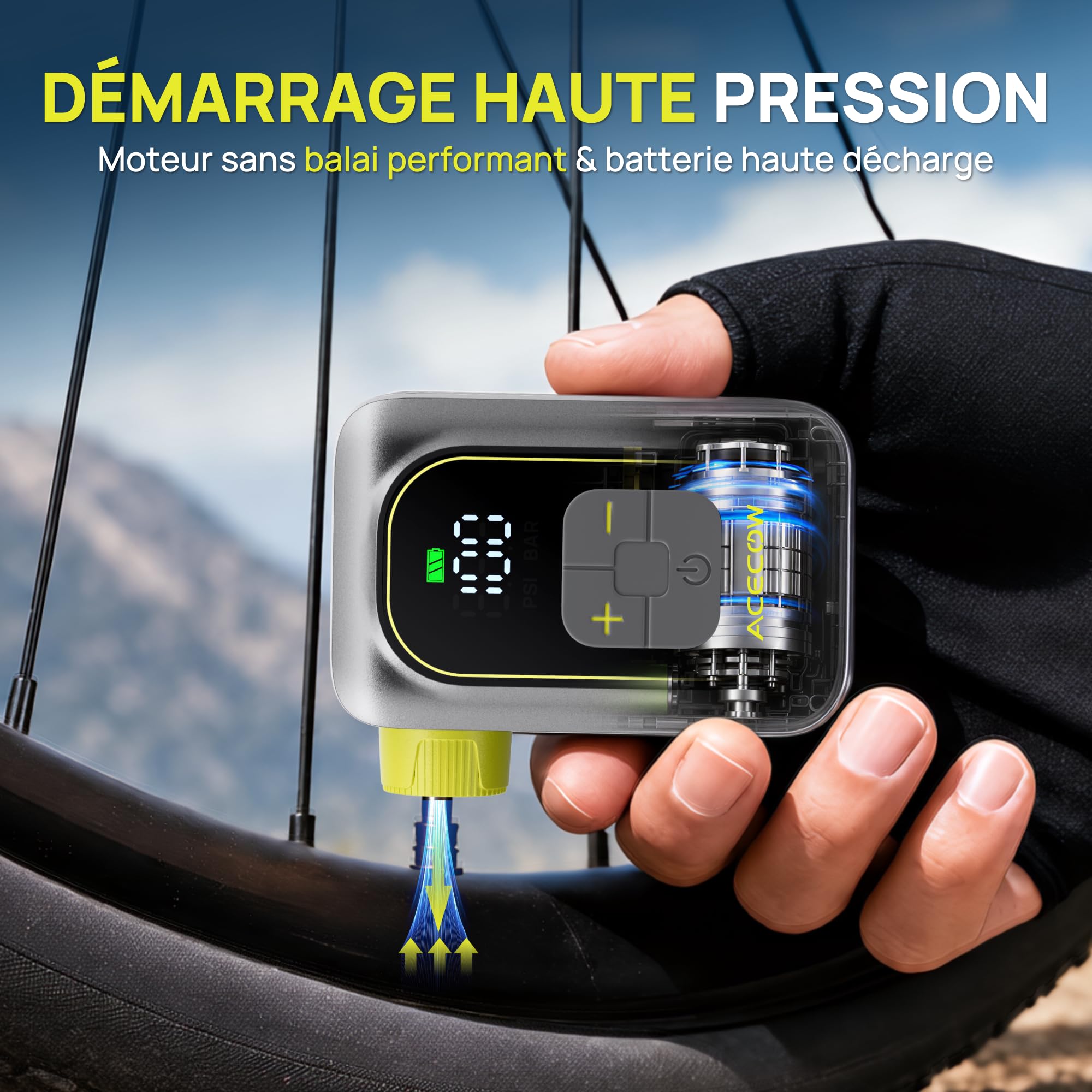 Mini Pompe à Vélo Électrique,120 PSI Gonfleur Électrique Portable avec Manomètre & Arrêt Automatique,Rechargeable avec Flexible,Valve Presta & Schrader pour Vélo de Route,VTT,Gravel,E-Bike