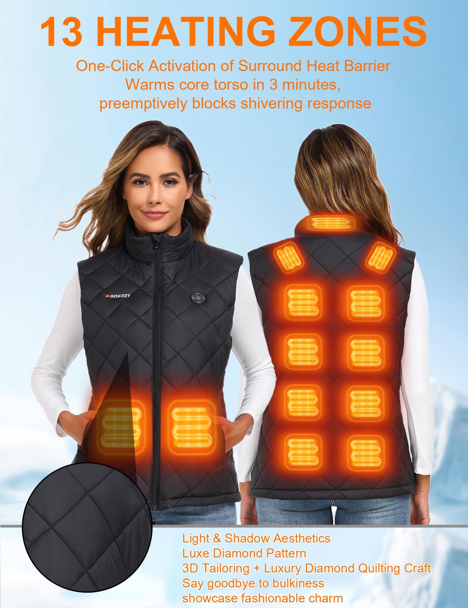 Gokozy Gilet Chauffant Femme avec Batterie Incluse 20000mAh 12V, Veste Chauffante Électrique avec 13 Zones de Chauffe, Gilet Chauffant sans Manche pour Extérieur, Ski, Randonnée