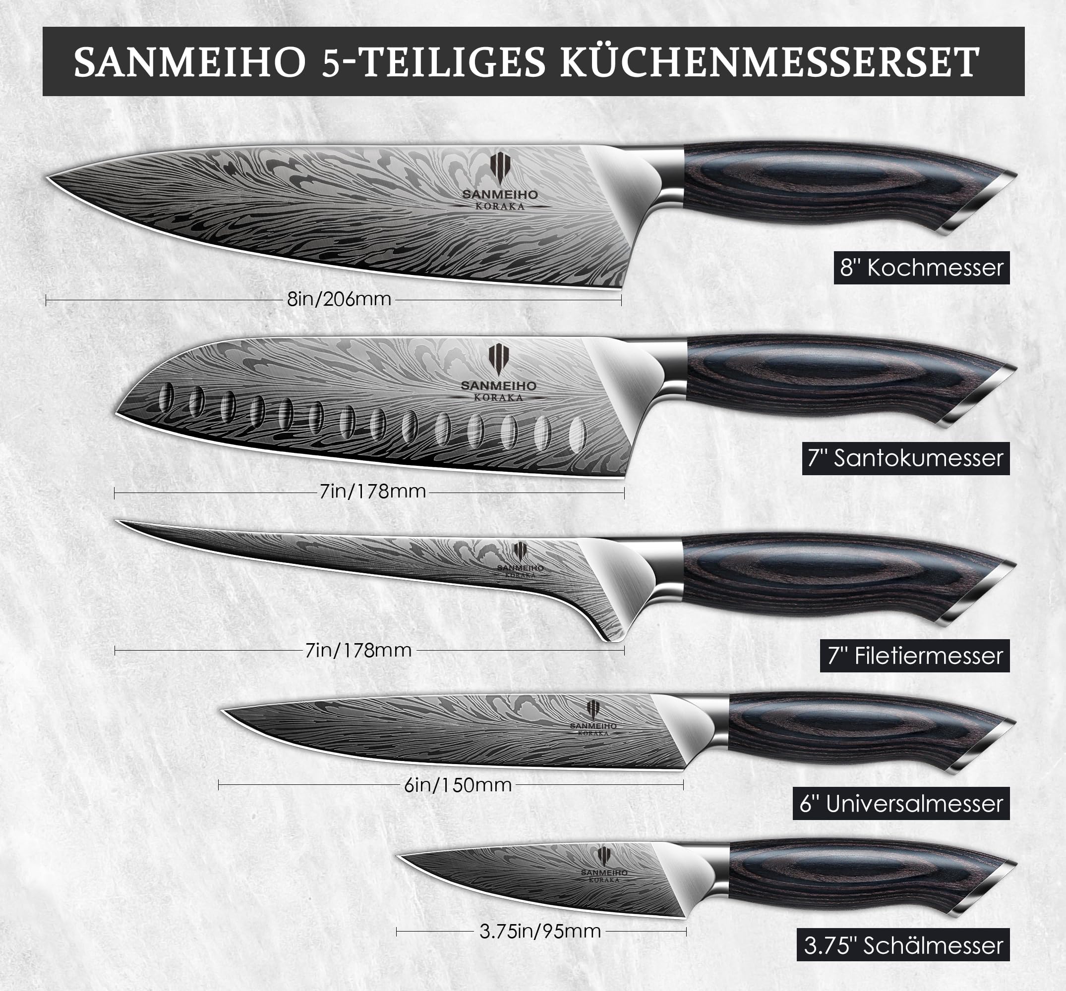 SANMEIHO Küchenmesser Set Japanisch 5-Teilig Pulverstahl, Profi Messer Set