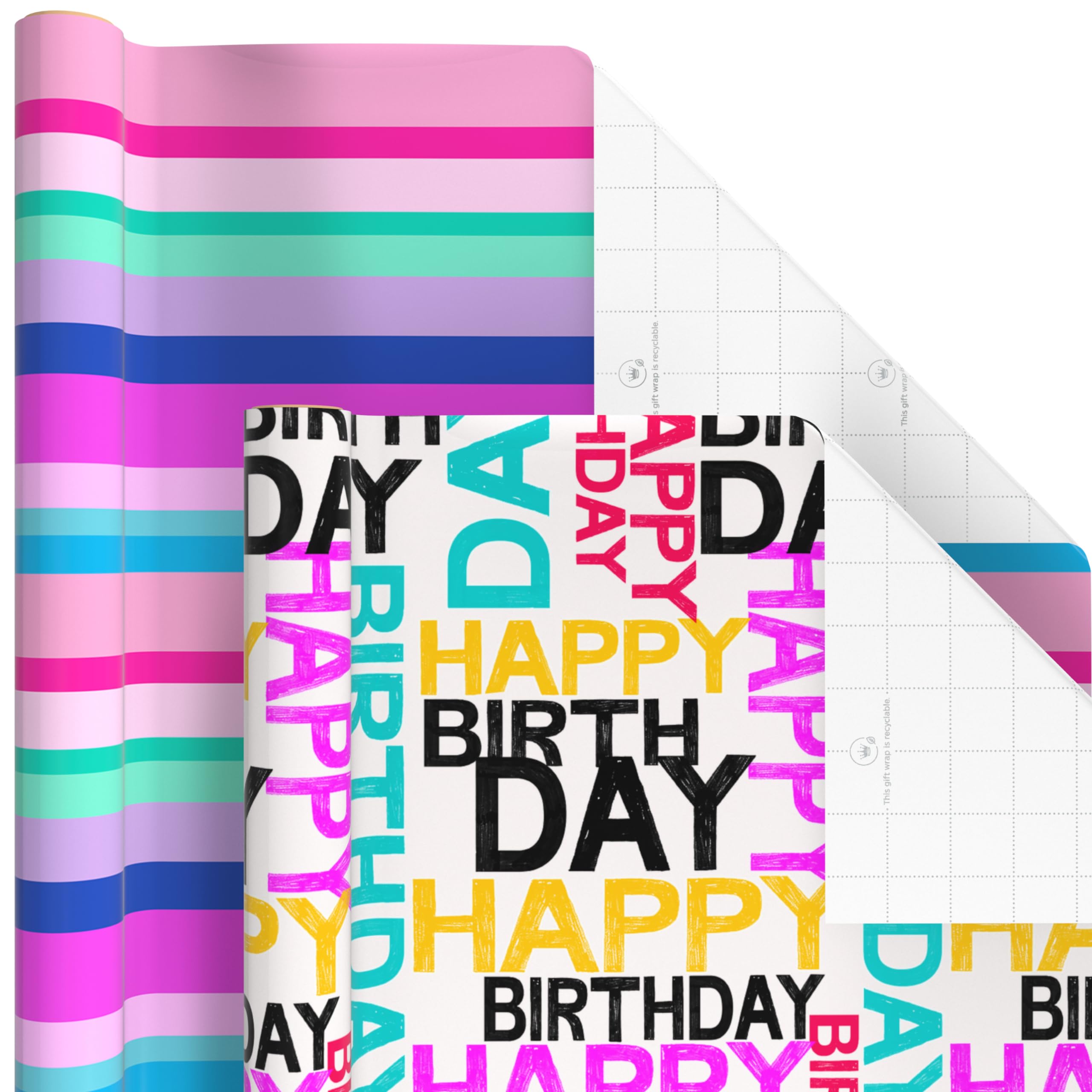 Hallmark Geschenkpapierrollen zum Geburtstag - Blumen, Streifen, Rosa, Blaugrün und Schwarz Polka Dots Geschenkpapier (Set mit 6 Rollen: 180 sq. ftl.)
