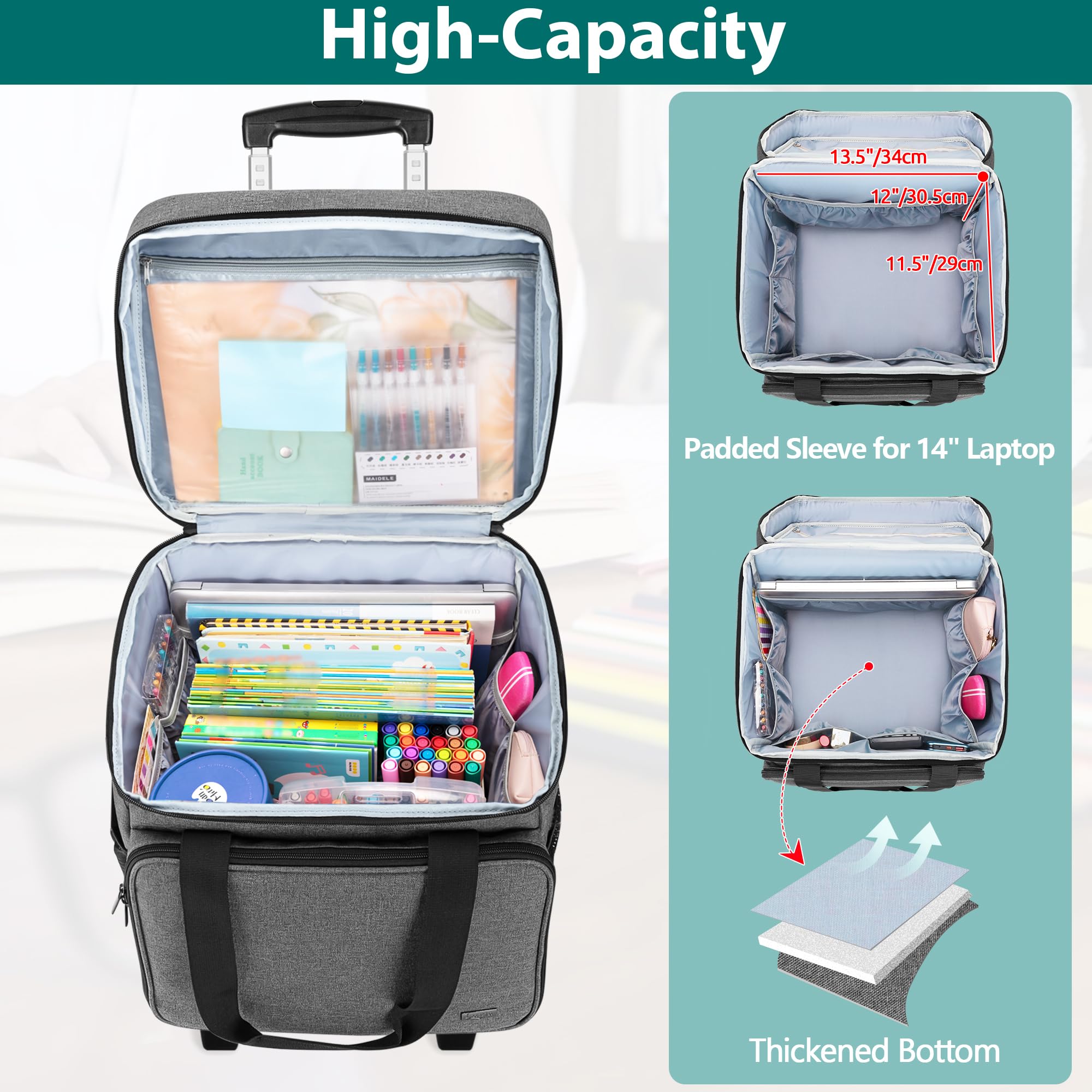 LUXJA Rolling Teacher Tote Bag with Bottom Support Pad, Multifunctional Teacher Bag with Detachable Dolly (Patented Design), Gray