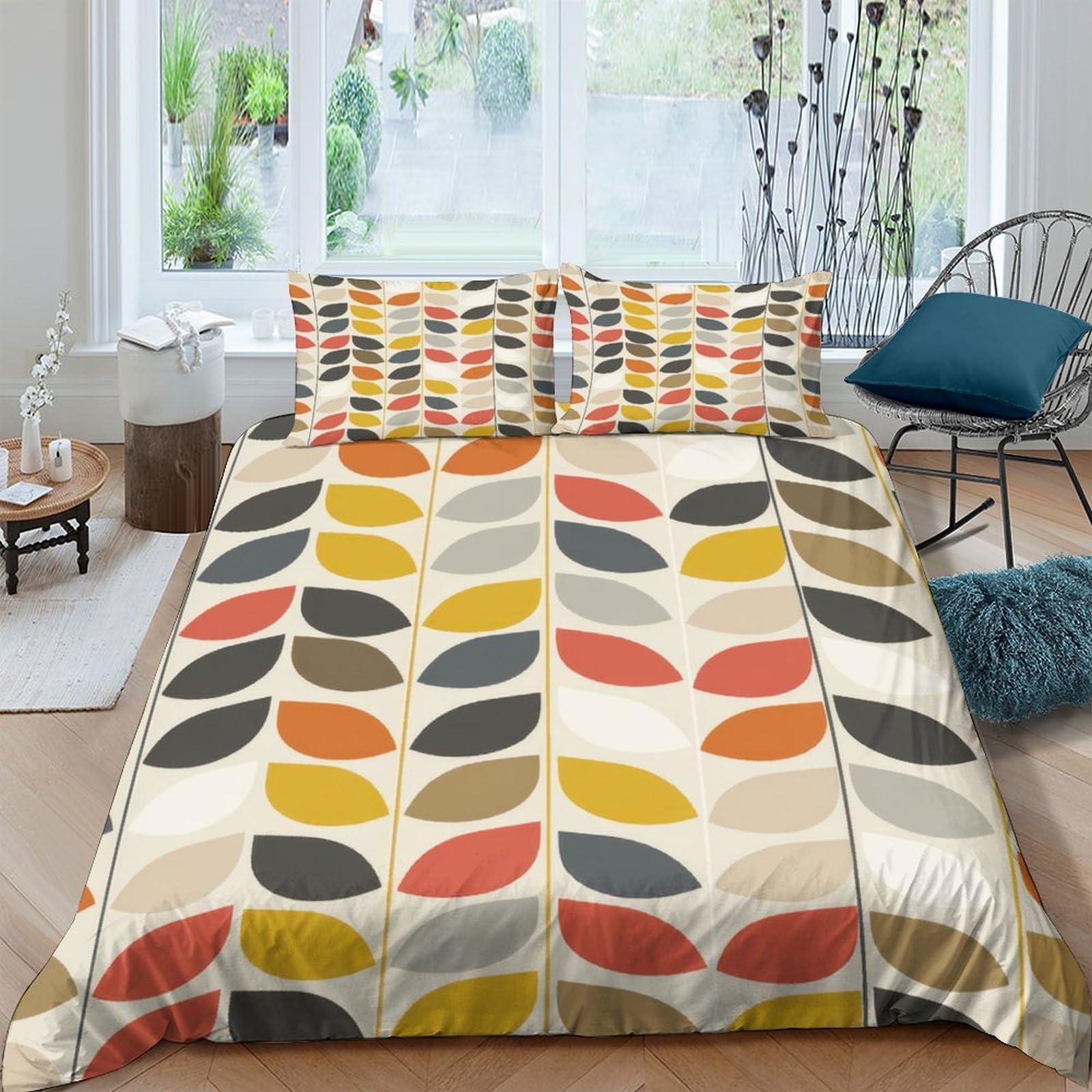 TUFRTGYHN 3D Printed Retro Leaf Duvet Cover Microfiber Soft Breathable Vintage Geometric Bedding Set with 2 Pillowcases for Bedroom Decor Single（135x200cm）