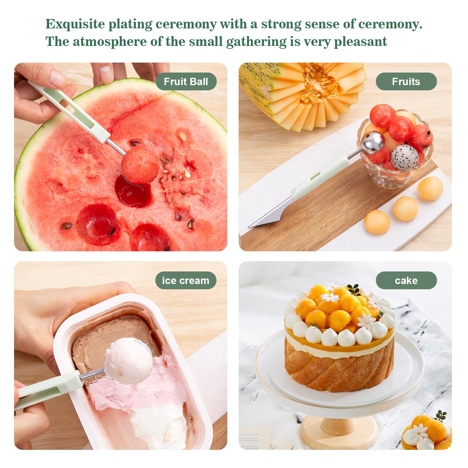 XGIZMOO Melon Baller Scoop Set - 6 in 1,Stainless Steel Fruit Cutter,Seed Remover Cutter,watermelon Scooper Fruit Scooper and Baller, Fruit Carving Tools Dig Pulp Separator Fruit Slicer(Green) - Image 4