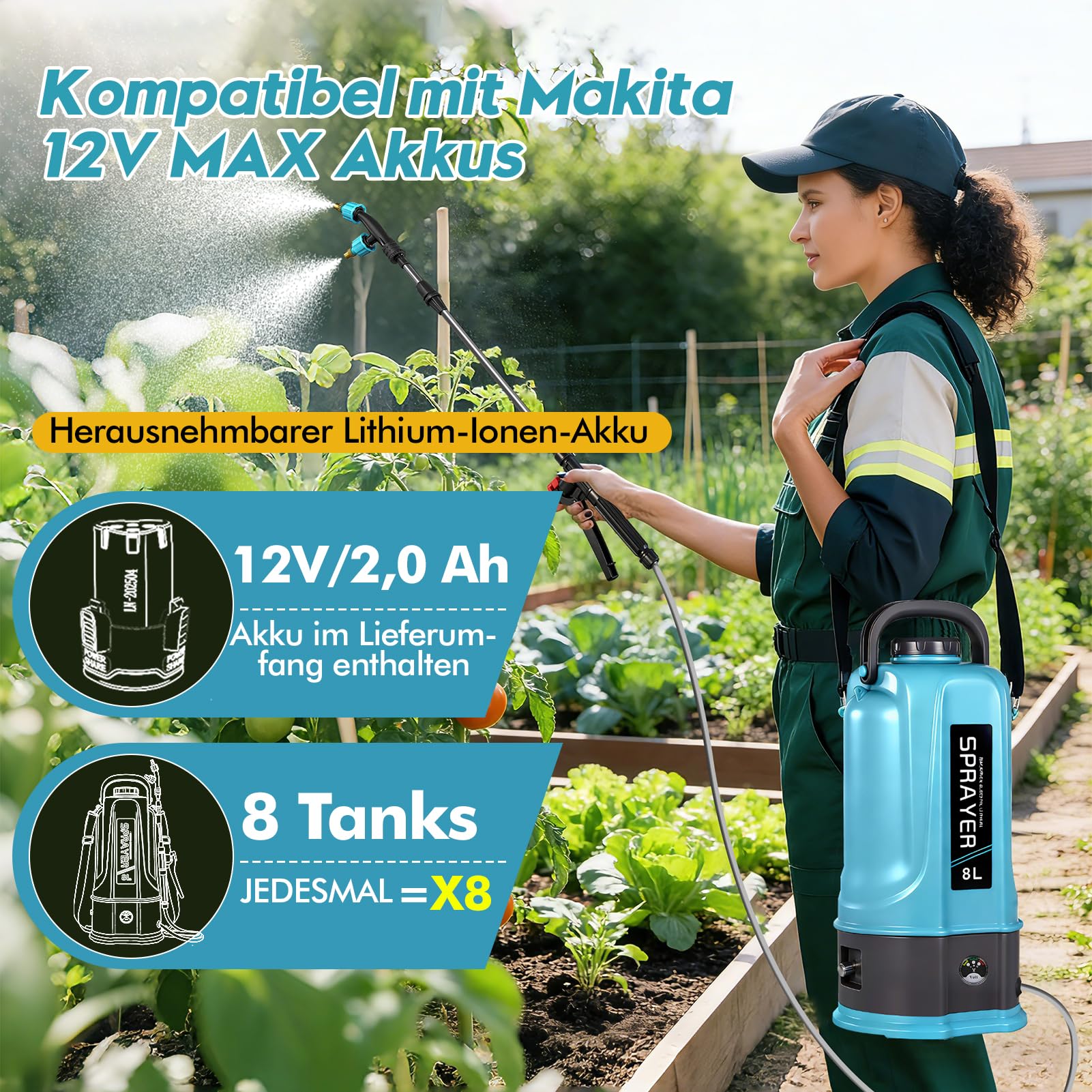 Viugreum 8L Pulverizador de Jardín a Batería, 12V Pulverizador de Jardín Eléctrico con 5 Boquillas de Nebulización, Lanza Telescópica y Correa Ajustable para Riego, Irrigación y Mantenimiento
