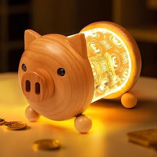 Ammonite Glowing Piggy Bank with LED Lights, Large Capacity Wooden Acrylic Coin Savings Jar Holds 1000+ Coins, Easy-Access Modern Money Box for Kids Adults