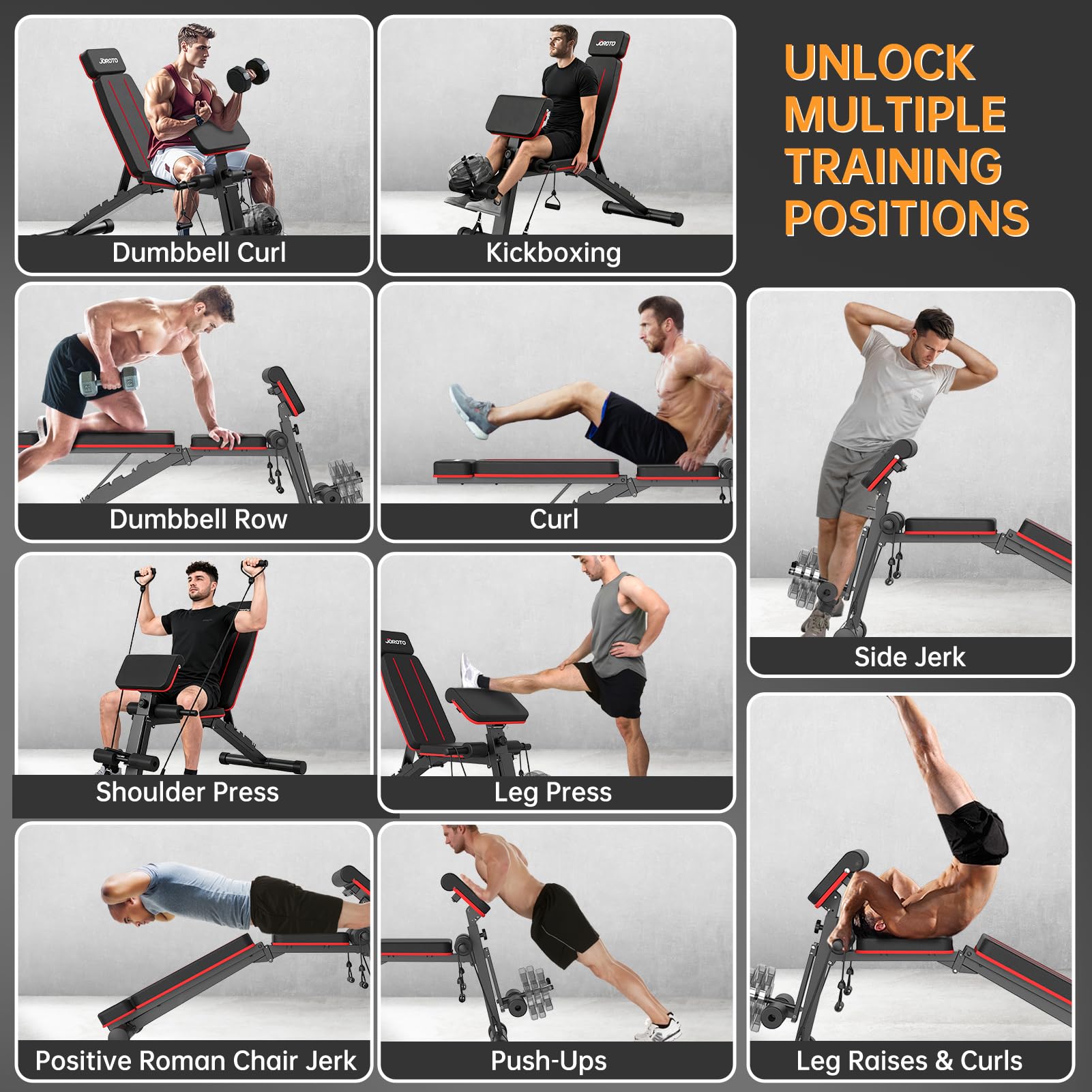 JOROTO Panca per pesi regolabile per palestra domestica, capacità di 453,6 kg, panca da allenamento pieghevole con estensione delle gambe e estensione della schiena, panca per esercizi preacher curl