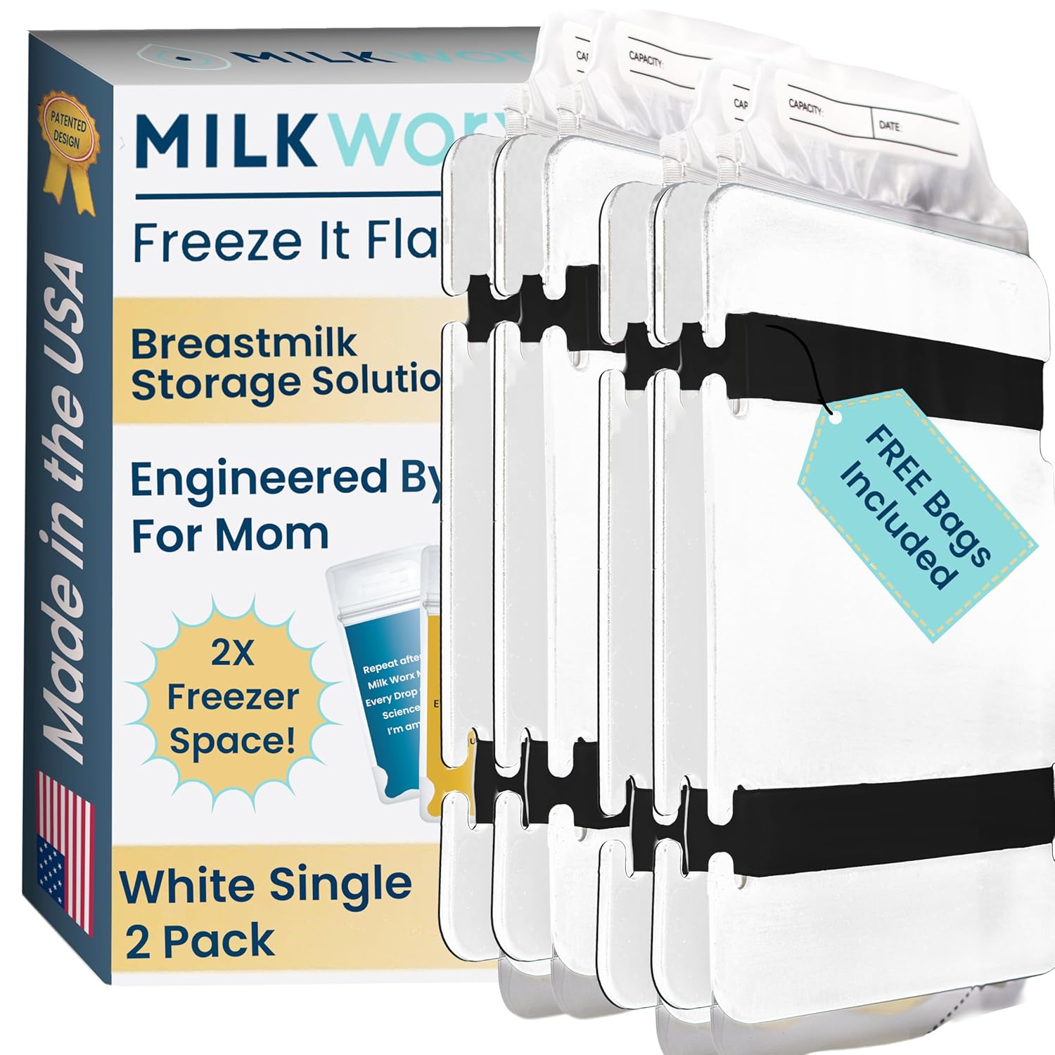 Freeze It Flat Breastmilk Freezer Storage System - Space-Saving Organizer for Breast Milk Storage Bags - Freezer Organization Made in USA (White, Double 2-pk)