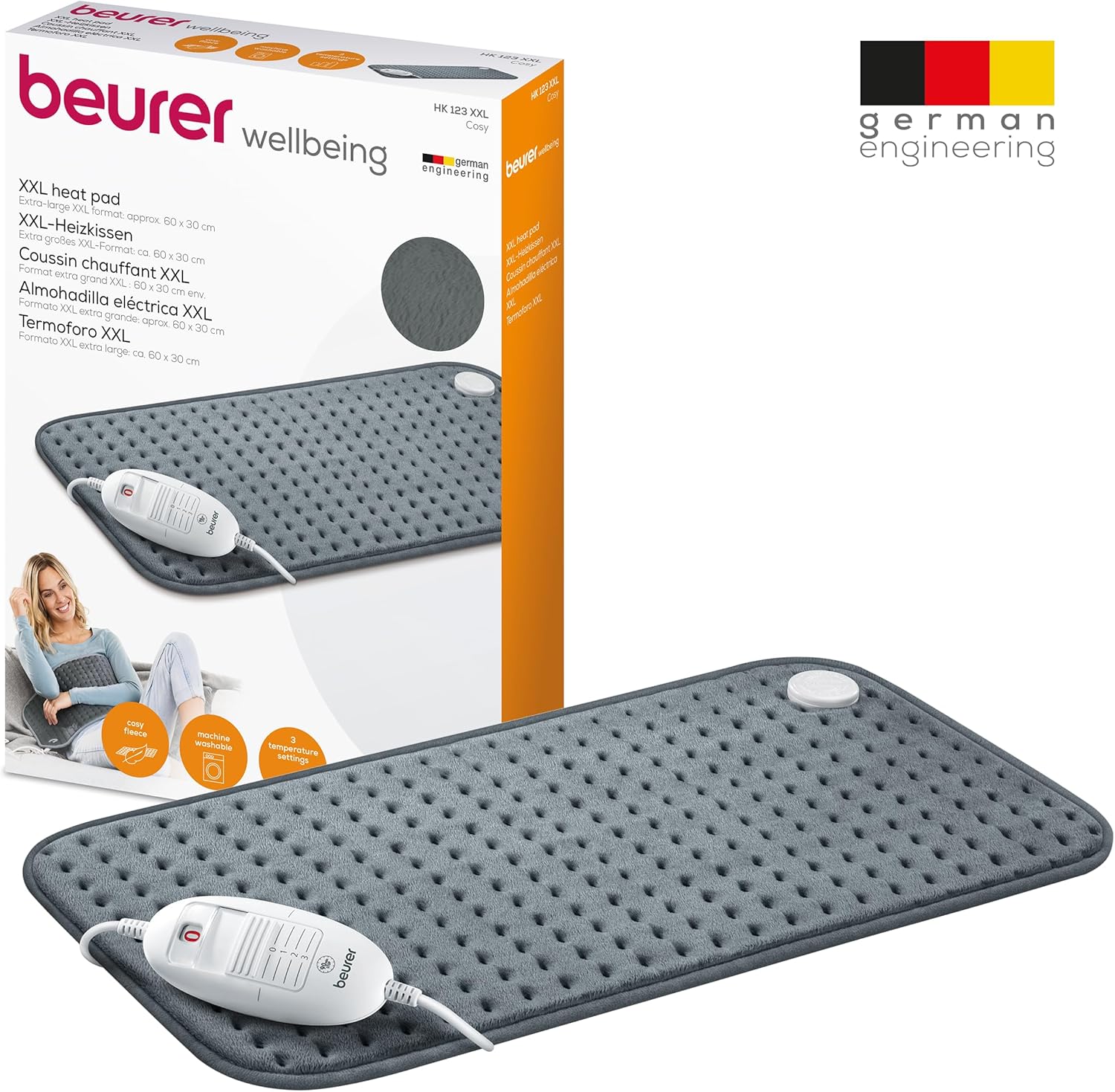 Beurer HK 123 Heating Pad, Cosy Heating Pad with 3 Temperature Levels and Automatic Shut-Off, Machine Washable, Grey, XXL Format 60 x 30 cm