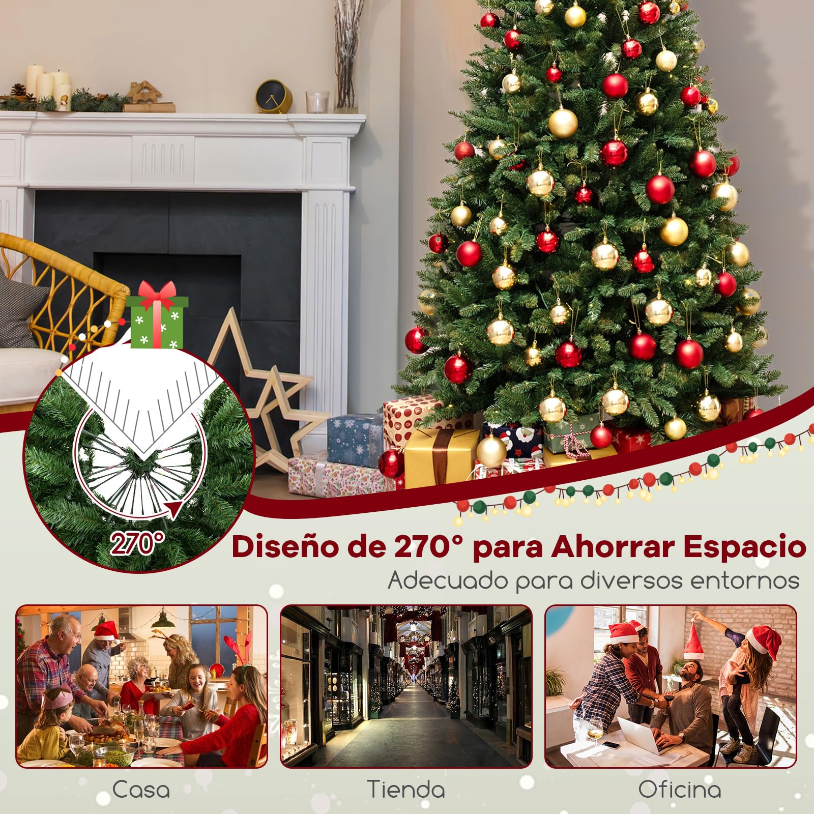 COSTWAY Árbol de Navidad Artificial Verde 240 cm, arbol de Navidad con Luces Incorporadas, 1137 Ramas de PVC, 360 Luces LED, 270° de Esquina, Arvore de Natal Hogar Oficina Fiesta