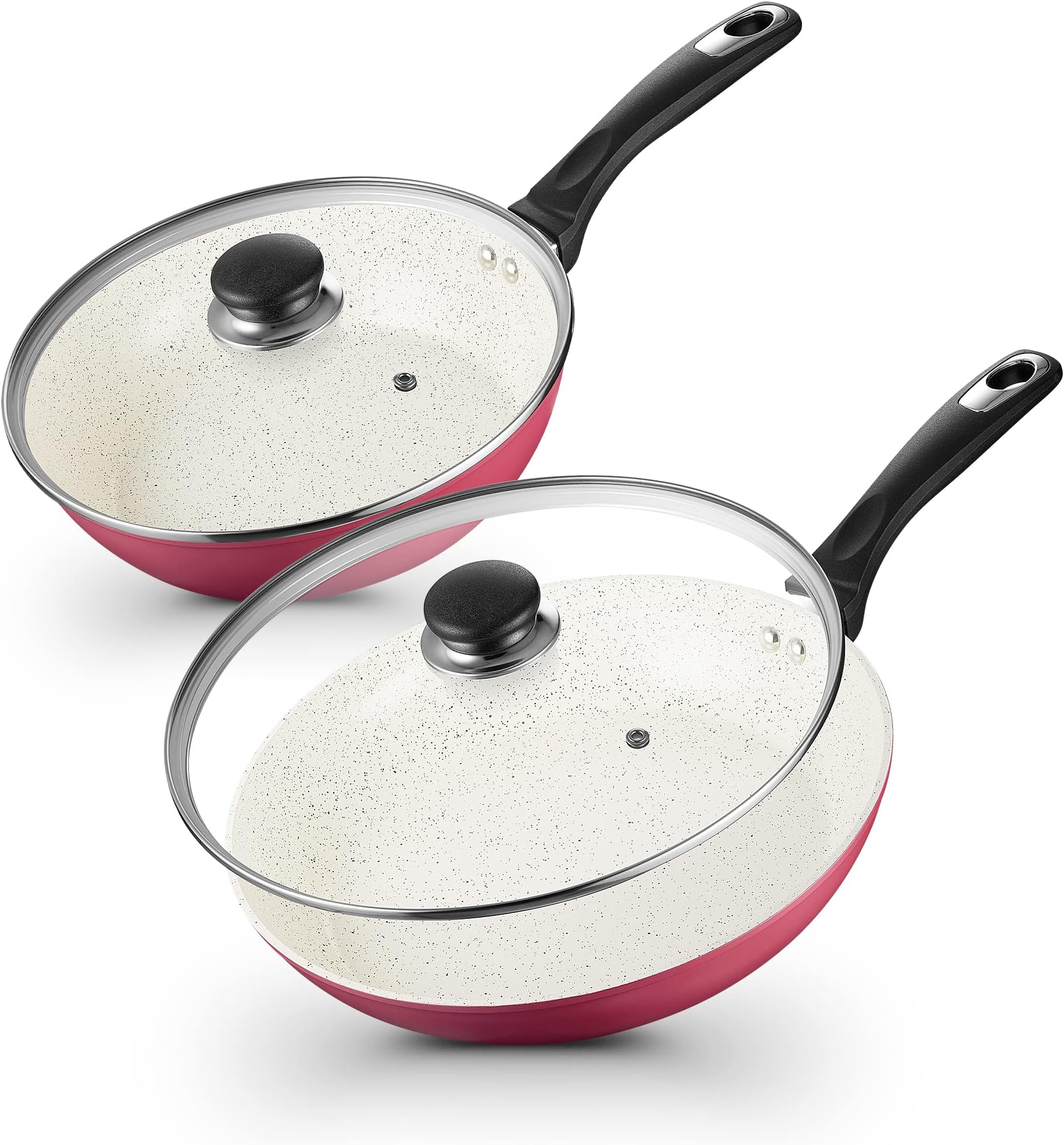 KOCH SYSTEME CS 10"+11" Pink Nonstick Pan Set with Lids, Aluminum Frying Pan Sets with Ceramic White Coating, 100% APEO & PFOA Free, Cookware Sets With Ergonomic Handle, Compatible for all Stoves