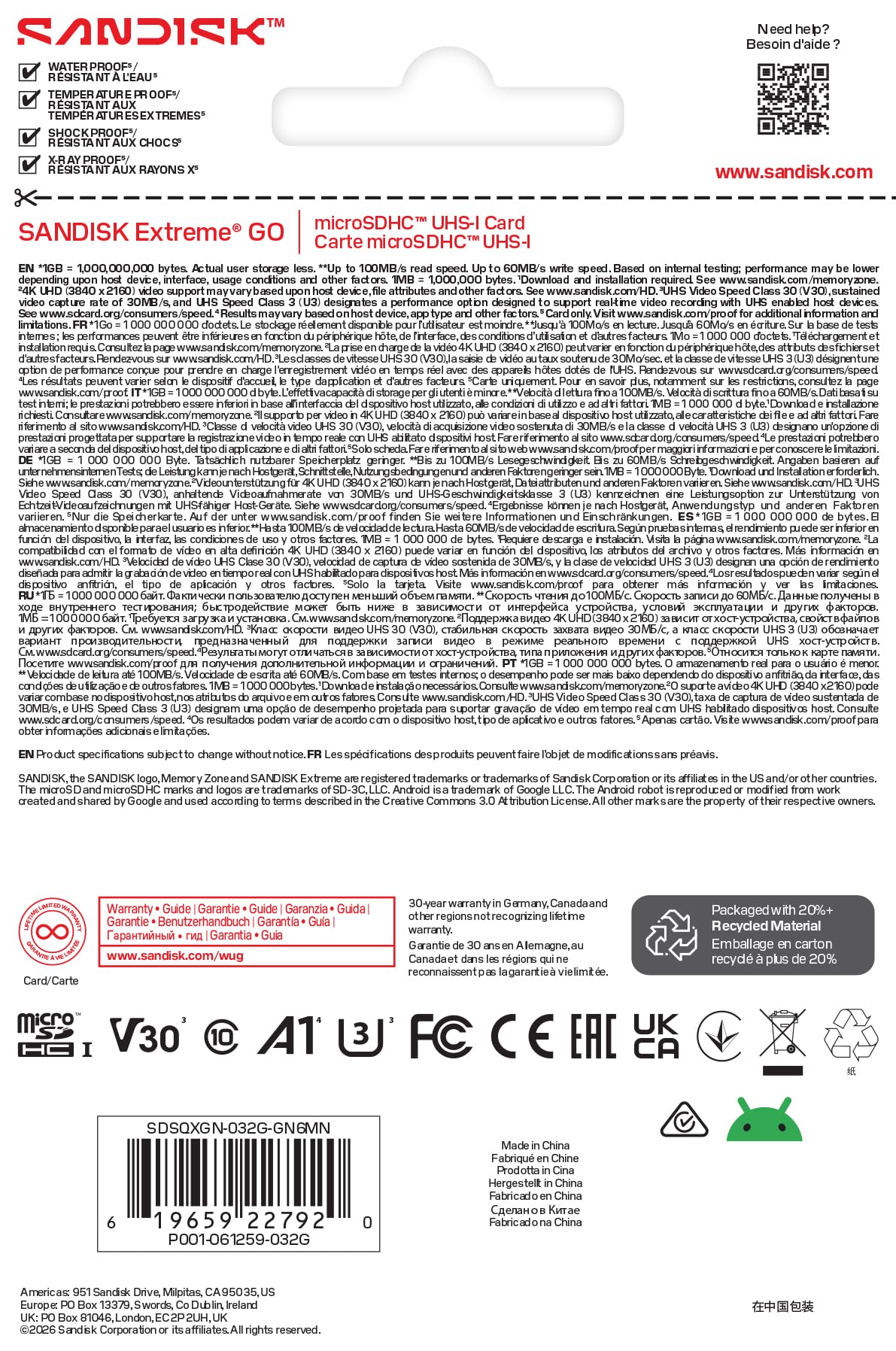 SANDISK Extreme GO - Tarjeta microSDXC UHS-I de 32 GB, 5K y 4K UHD, lectura de 100 MB/s, escritura de 60 MB/s, A2, U3, V30, alta velocidad para Android, cámara de acción y juegos