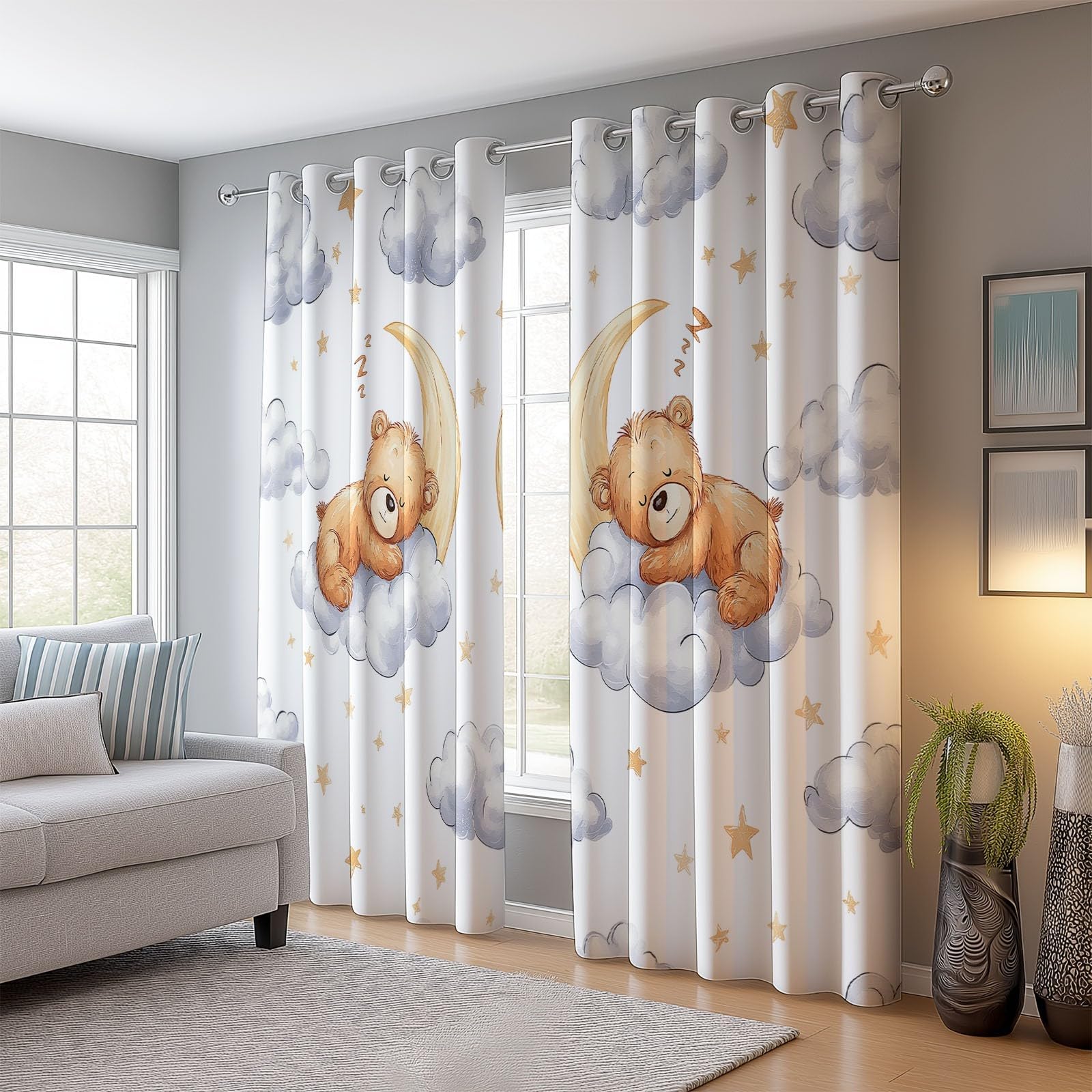 Kinder-Verdunkelungsvorhänge mit Bärenmotiv, 100 x 135 cm (B x H), niedlicher Baby-Teddybär, Mond, Sterne, Wolken, Aquarell-Tiermotiv, 2er Set für Babyzimmer (Mädchen/Jungen)