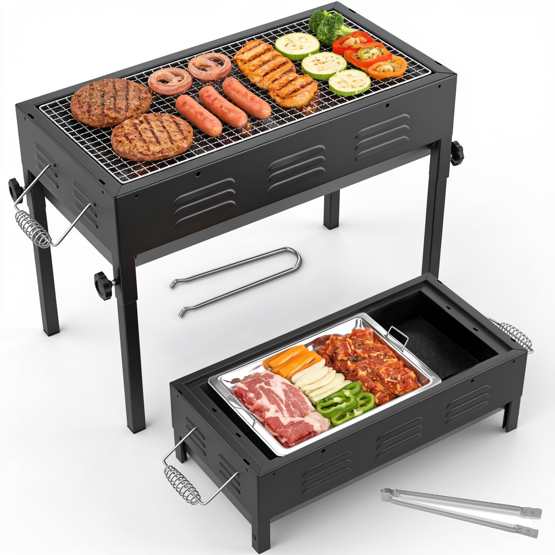 Crystals Portable Charcoal BBQ Grill – Large Stainless Steel Barbecue with Steel Hot Plate, Compact Foldable BBQ for Garden, Camping, Picnic, Travel & Outdoor Cooking, Black