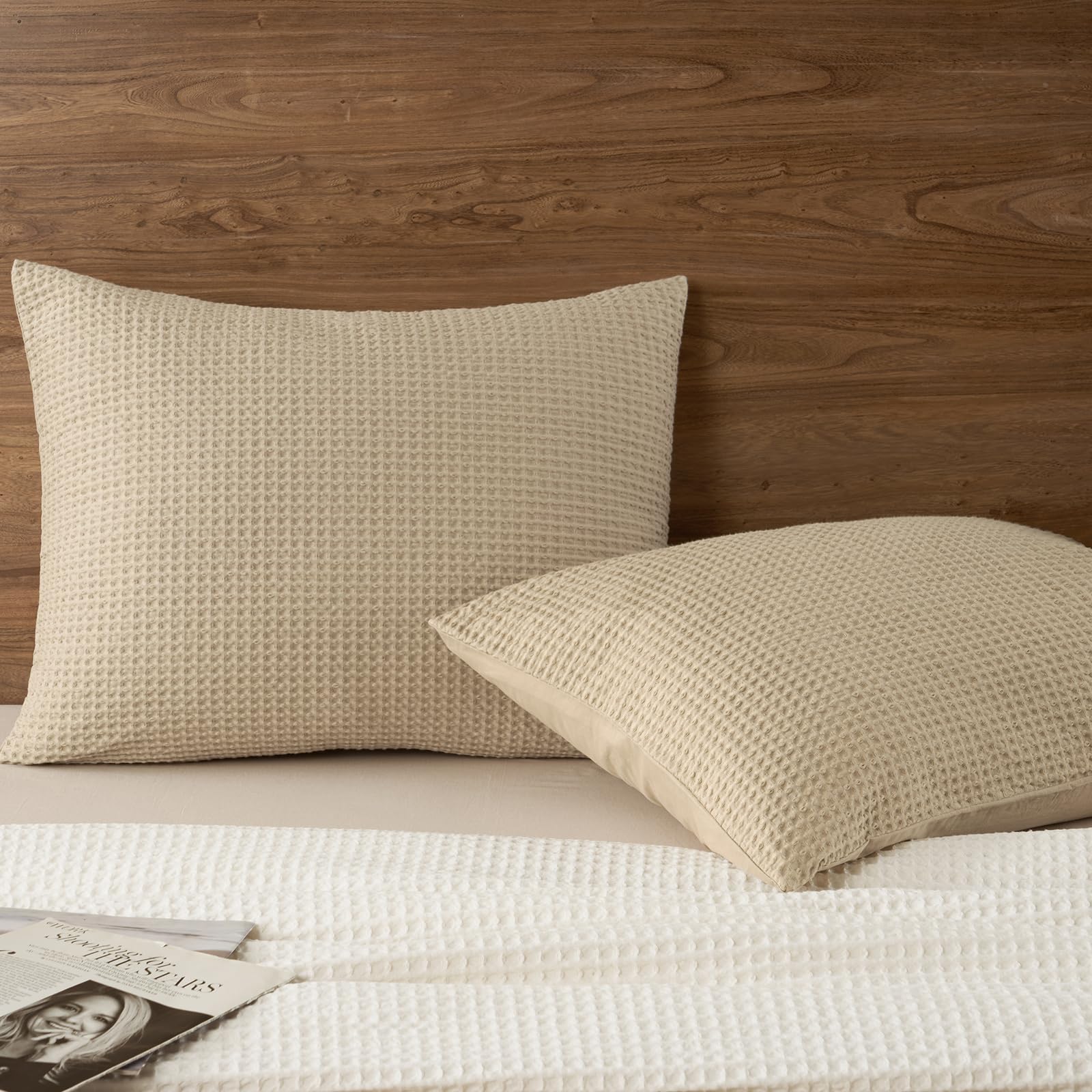 PHF 100% Cotton Waffle Pillow Shams Standard Size, 2 Pack 20" x 26" Soft Skin-Friendly and Breathable Pillowcases, No Filling, Aesthetic Woven Waffle Weave Pillow Covers for Bed, Khaki