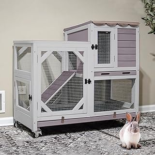 Seiyierr Duplex Rabbit Hutch Indoor with Chew-Proof Frame & 2 Leak-Proof Sliding Trays, Rain Cover, Wooden Guinea Pig Cage...