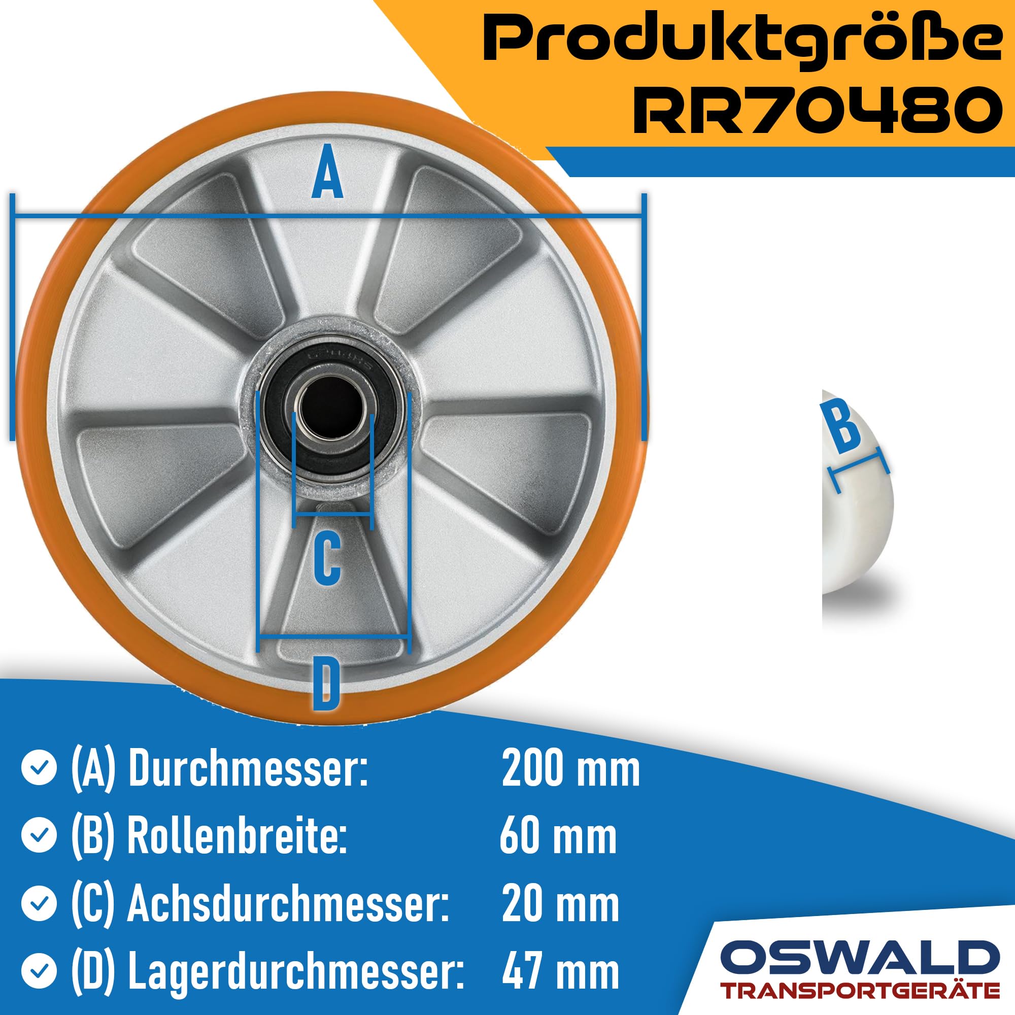 Hubwagen Rad Polyurethan 200 x 50/60 mm, Achse 20 mm - Ersatzrad inkl. Kugellager