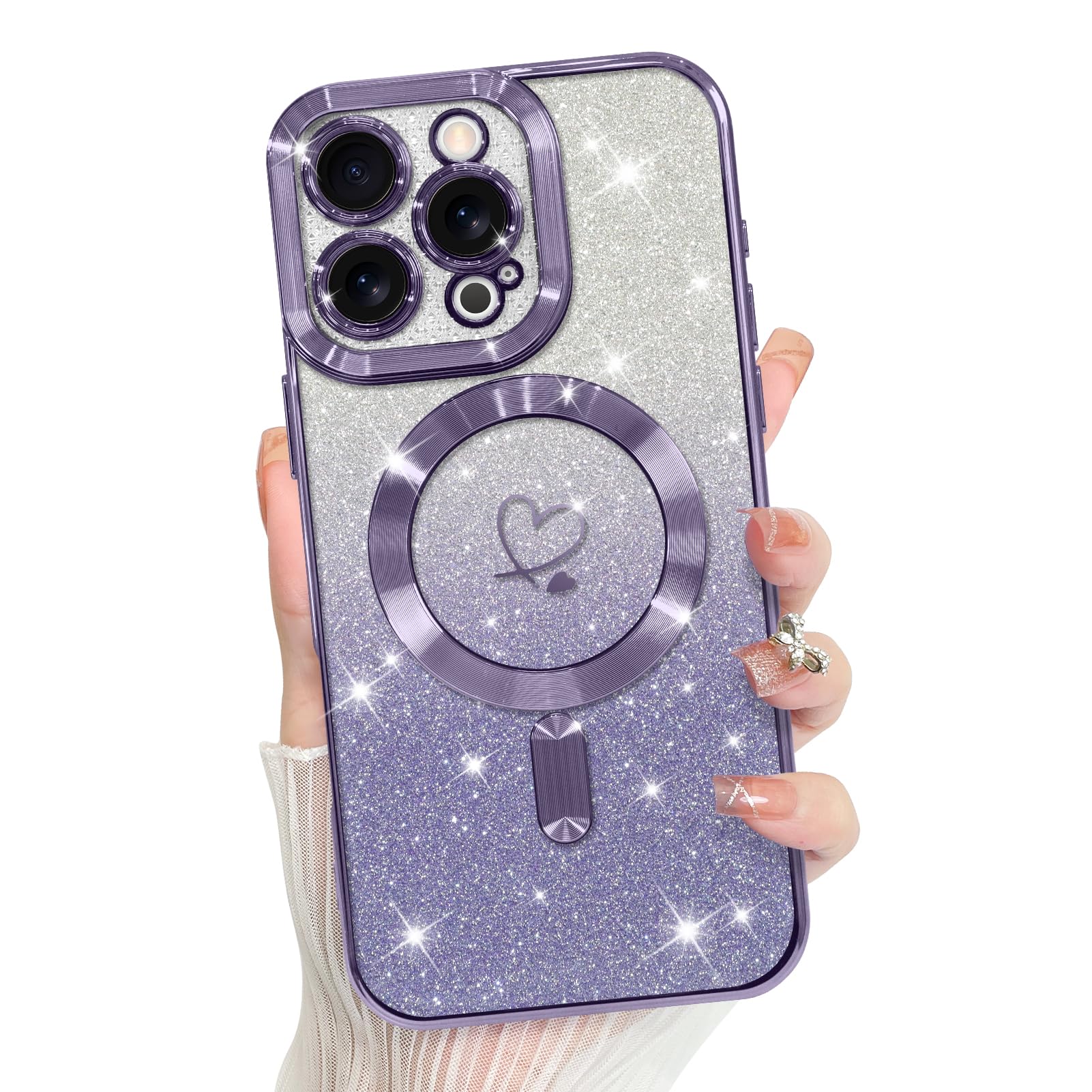 Bonoma Compatible with iPhone 16 Pro Max Case Support for MagSafe, Plating Heart Glitter Magnetic 2* Screen Protector TPU Camera Protection Back Cover for Girls Women -Purple