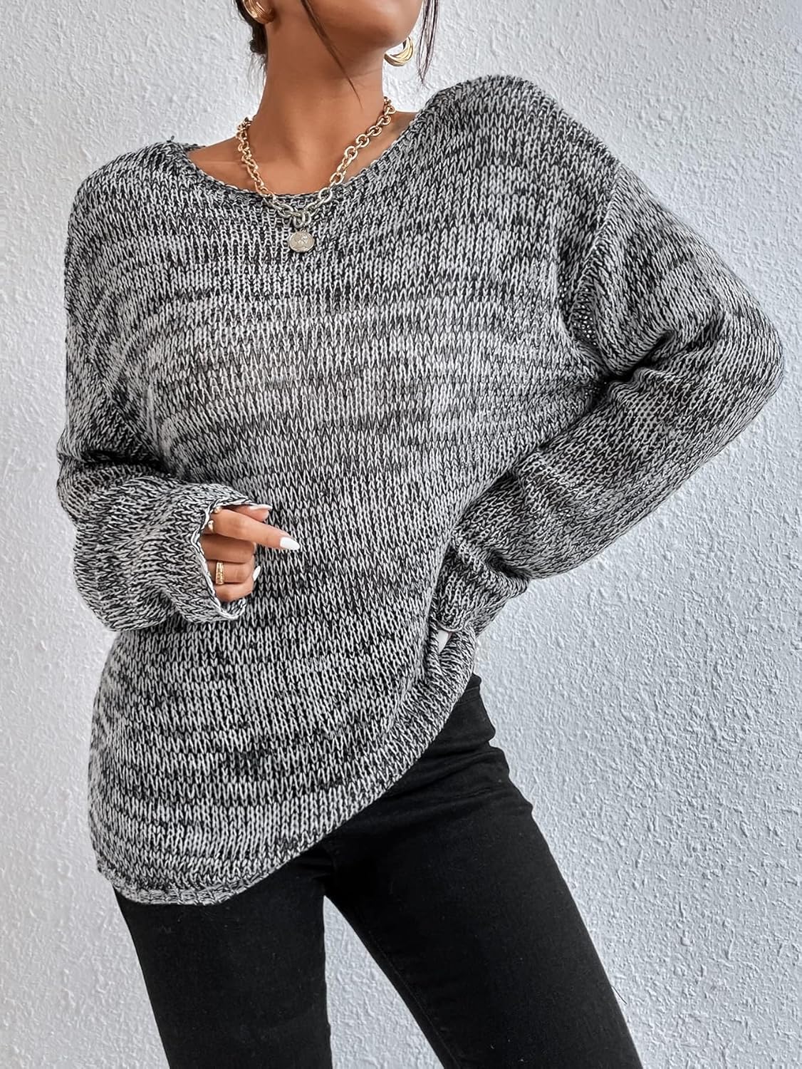 BEDAW Women's Sweater Marled Knit Drop Shoulder Sweater Sweater for Women (Color : Gray, Size : Medium)