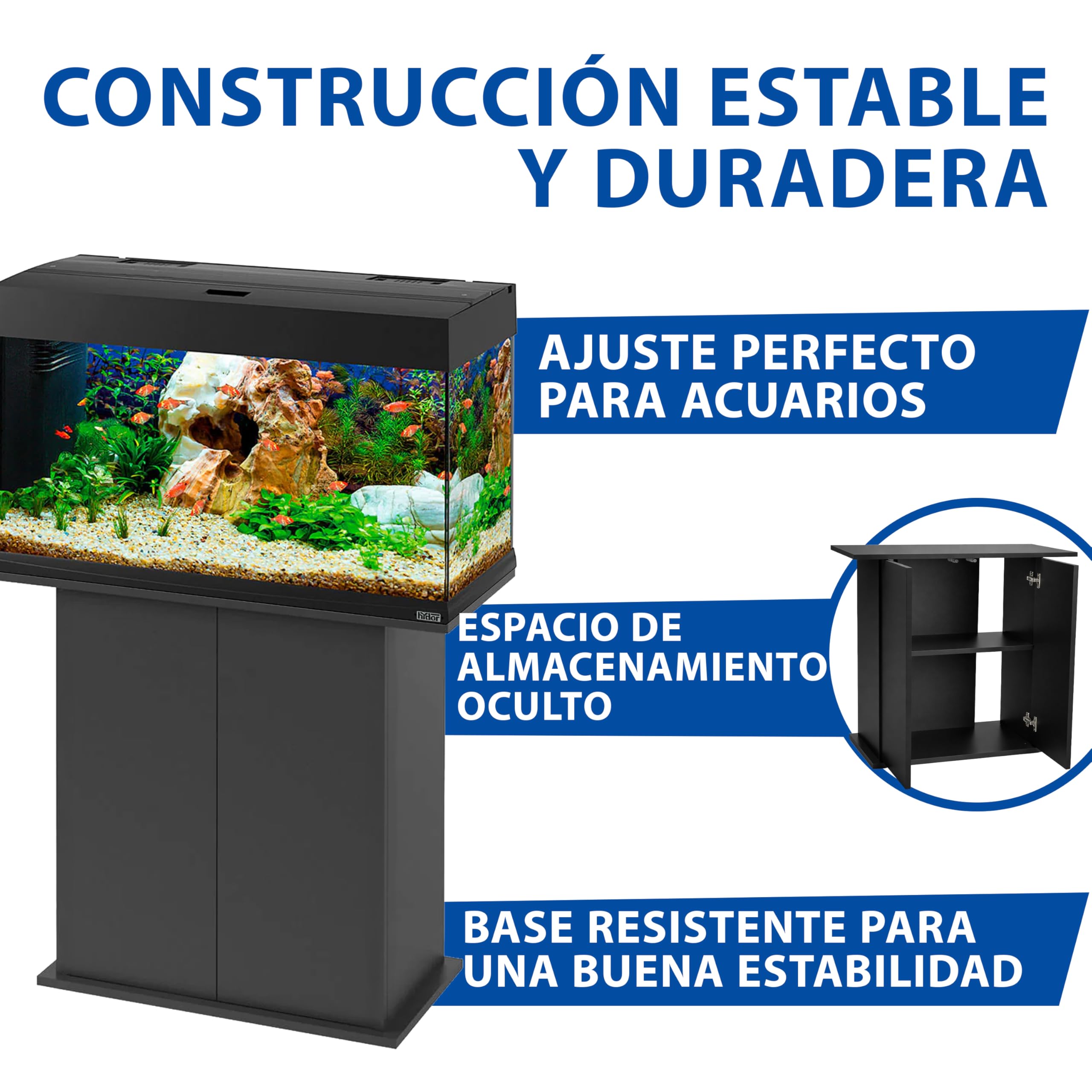 Hydor Mueble para Acuario, Resistente a la Humedad, Estructura sólida con Puertas y estantes Integrados, Patas Ajustables, 81 x 36 x 73 cm, en Madera, Negro.