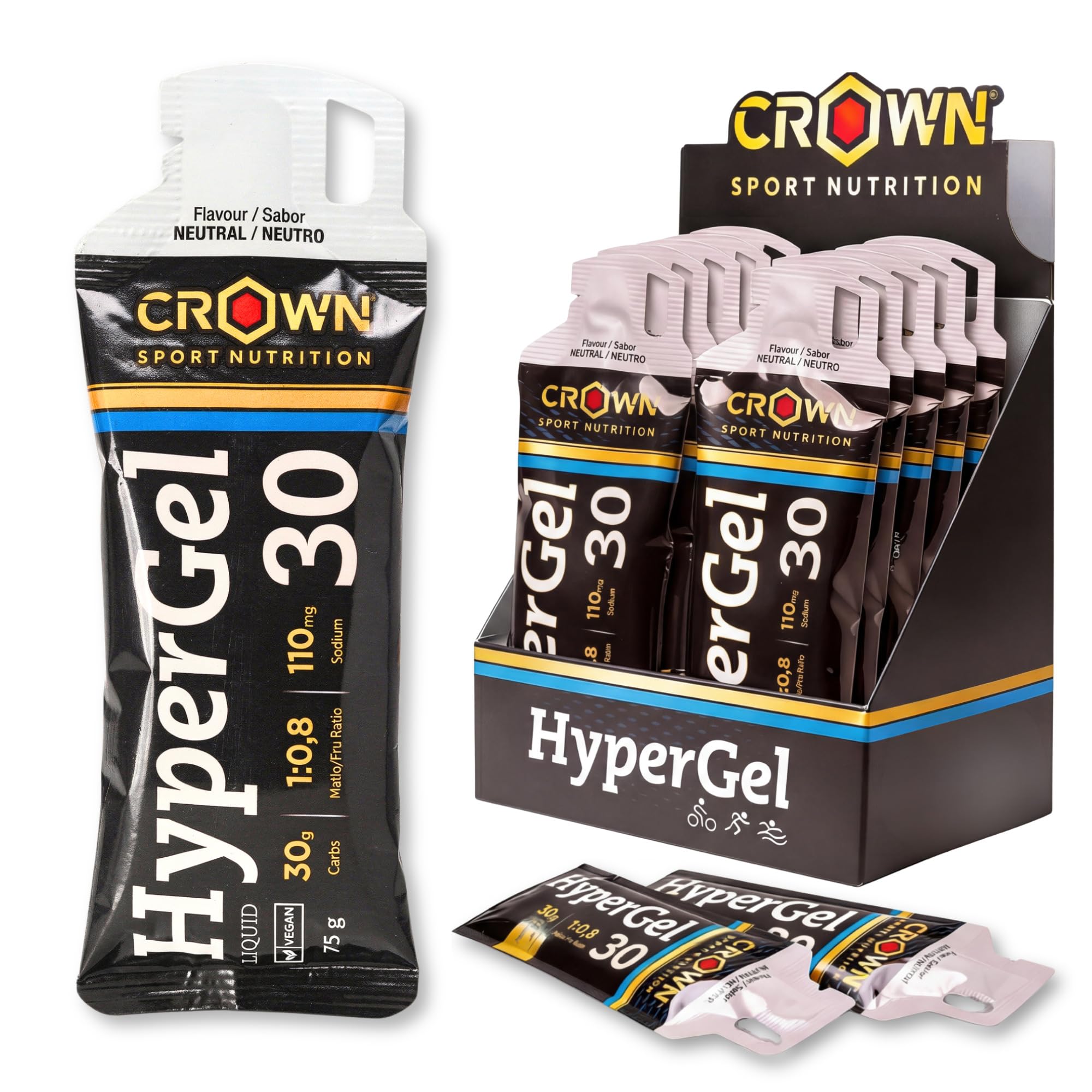 Crown Sport Nutrition HyperGel 30 | Neutro Sin Cafeina | Gel Energético Running Ciclismo 30 g Carbohidratos | Ratio 1:0,8 + 110 mg de Sodio| Textura Liquida | Sin Aditivos Vegano