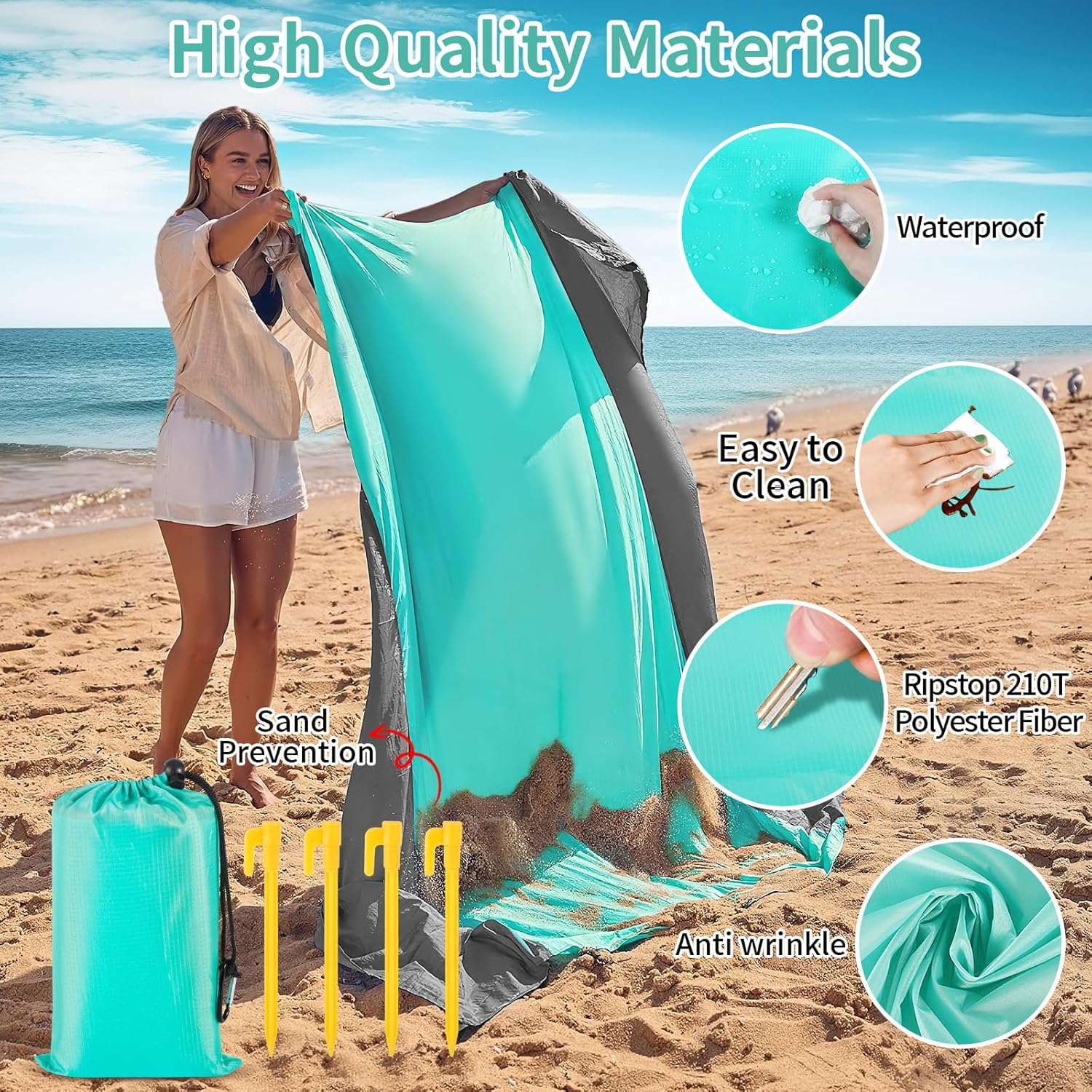 CIRULLI Couverture Pique-Nique 210x200 Cm – Tapis De Plage Imperméable Sans Sable, Pliable Ultra-Léger Avec Sac, Vert Lac/Gris Foncé – Idéal Famille & Camping