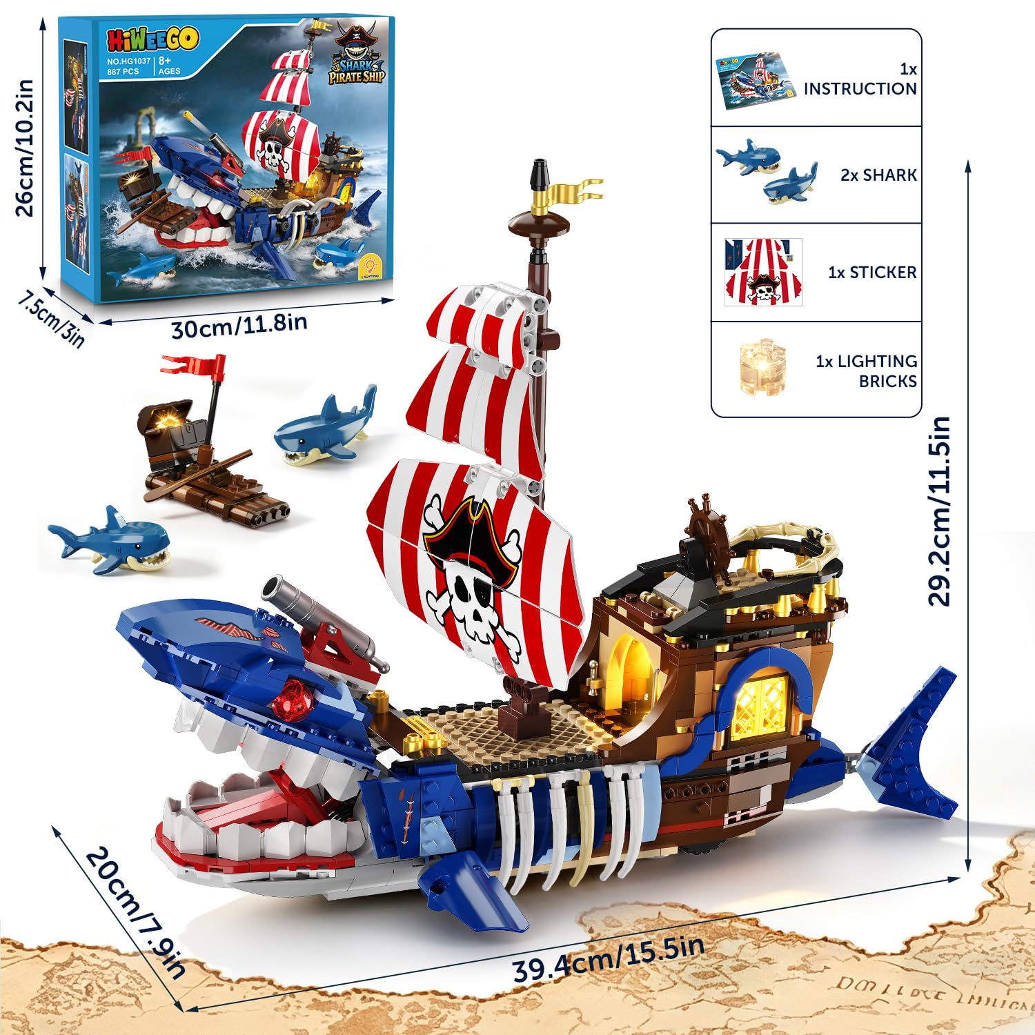 HiWEEGO Technik - Kit di costruzione a forma di nave pirata con luce LED, per bambini di 8 anni | 887 pezzi, oceano mobile, avventura, barca dei pirati, set di giocattoli con squalo, regalo per bambini da 8 a 12 anni in su