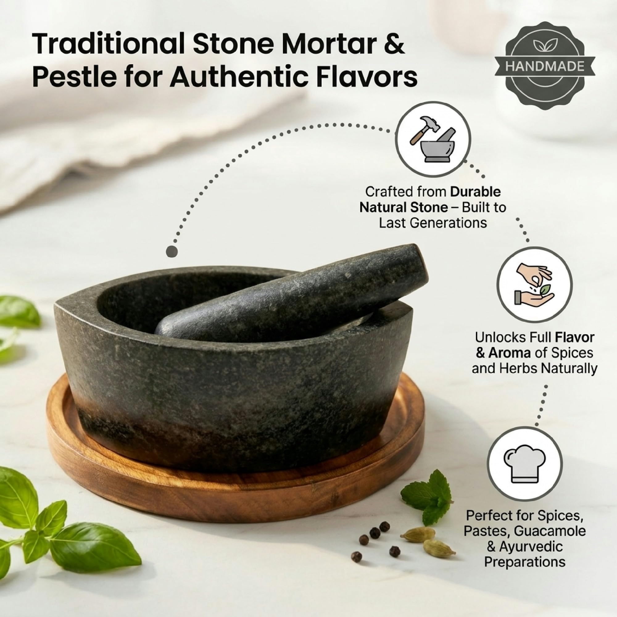 VintageBihar Black Granite Boat Mortar and Pestle for Kitchen 10 Inch Stone Grinder Silbatta Khalbatta Set for Chutney Masala Spices Herbs and Ayurvedic Use Heavy 5.9 Kg with Long Pestle 1