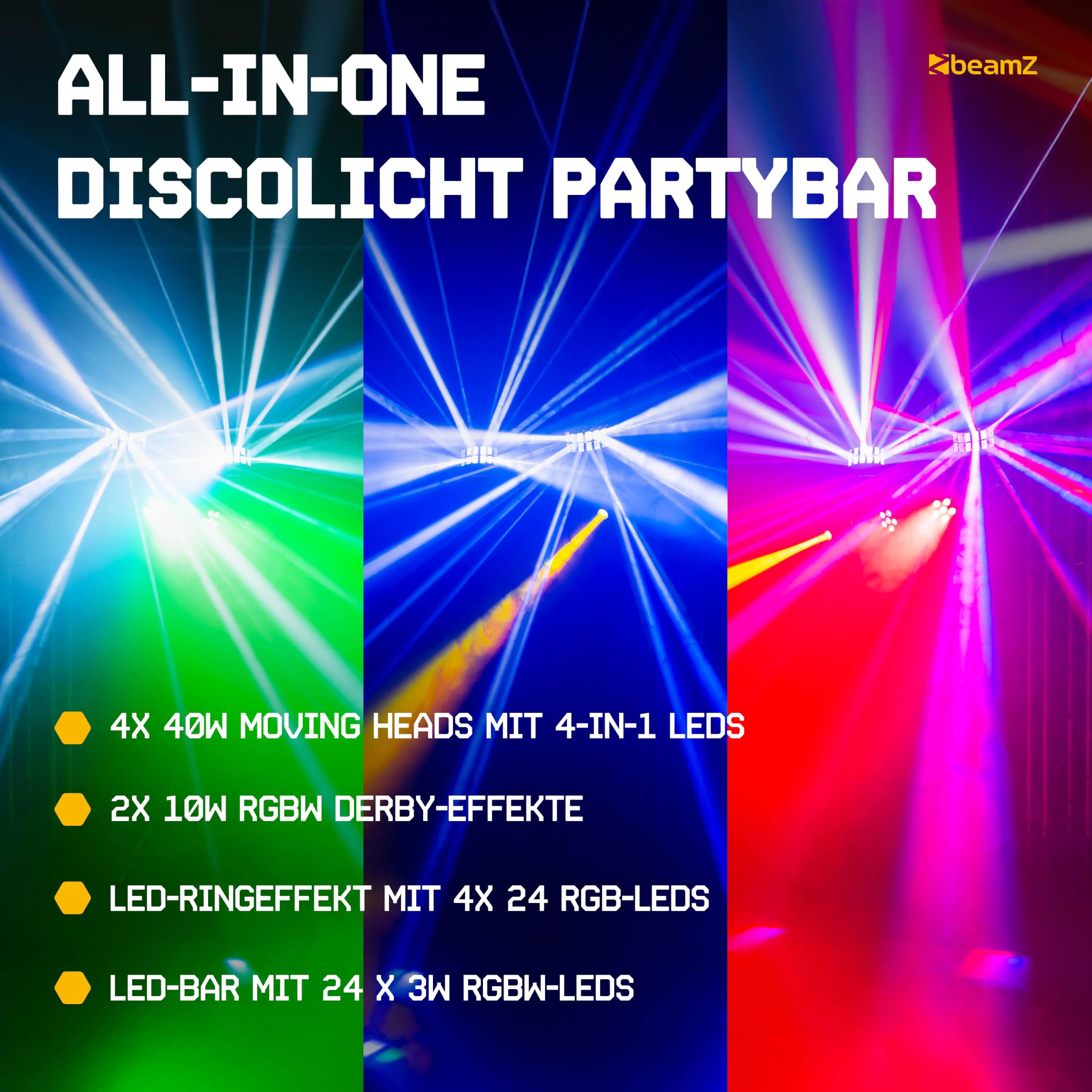 BeamZ ShowBar GO Ultra - LED Partybar, 4x Moving Head, LED Bar Wash Stroboskop, 2x Derbys - DMX Discolicht Partylicht Anlage, Disco Light DJ Equipment - Musikgesteuert, Fernbedienung & Halo-Ring