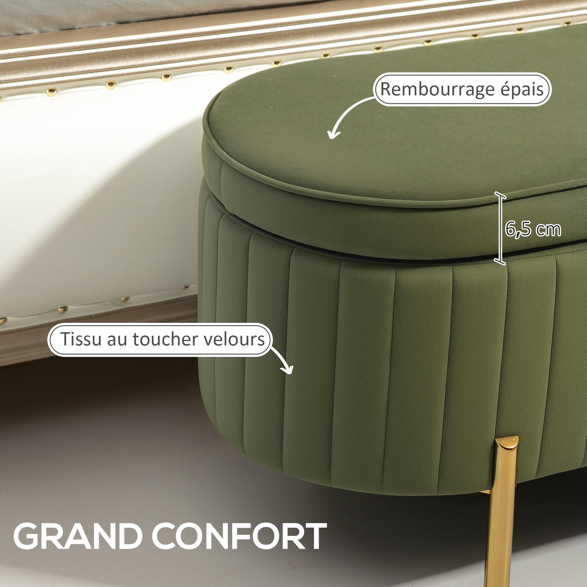 HOMCOM Banc de Rangement Bout de Lit 72L Velours 108x44x43,5cm Vert Foncé | Coffre de Rangement avec Couvercle, Pieds en Métal, Jusqu'à 220 kg, Banquette Salon Chambre Entrée