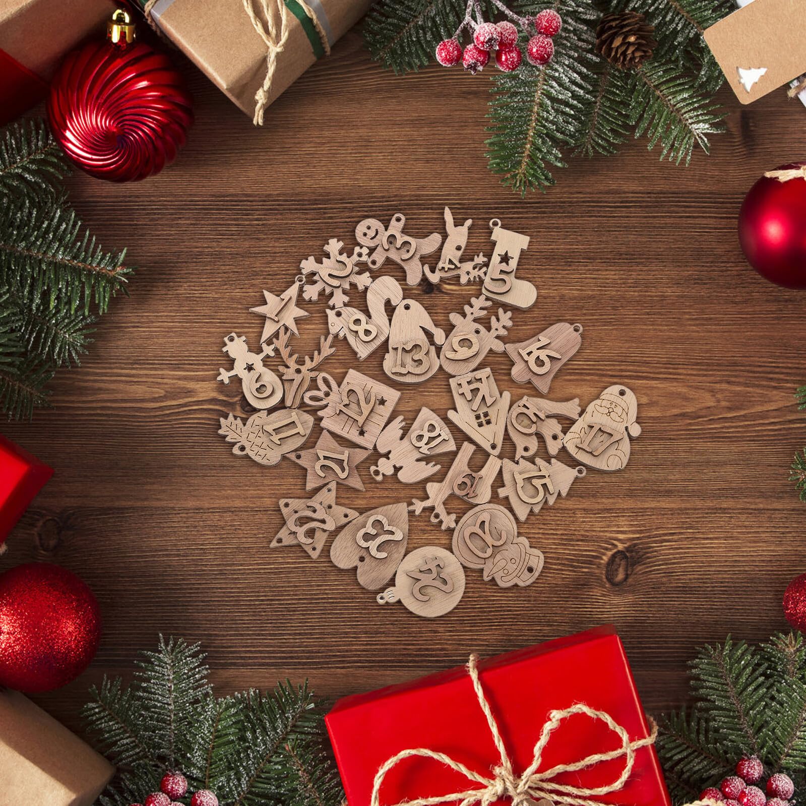 24pièces Calendrier De Noël Bois Pendants Suspendus Chiffres Décoratifs Pour Sapin Murs Portes Fête Ambiance