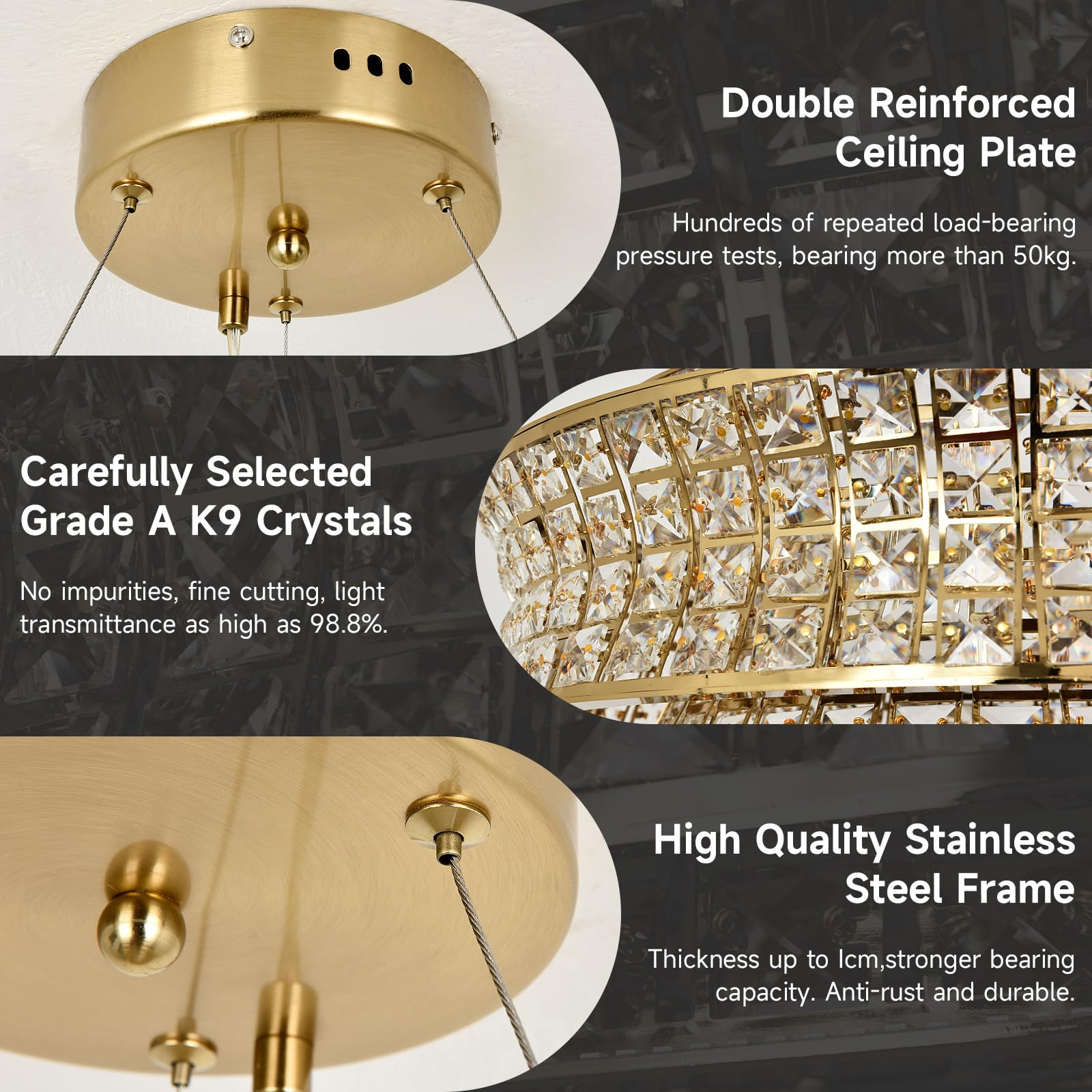 Lámpara de araña moderna de cristal dorado, lámparas colgantes redondas LED, lámparas de araña doradas ajustables para vestíbulos, salones y comedores, 50 cm