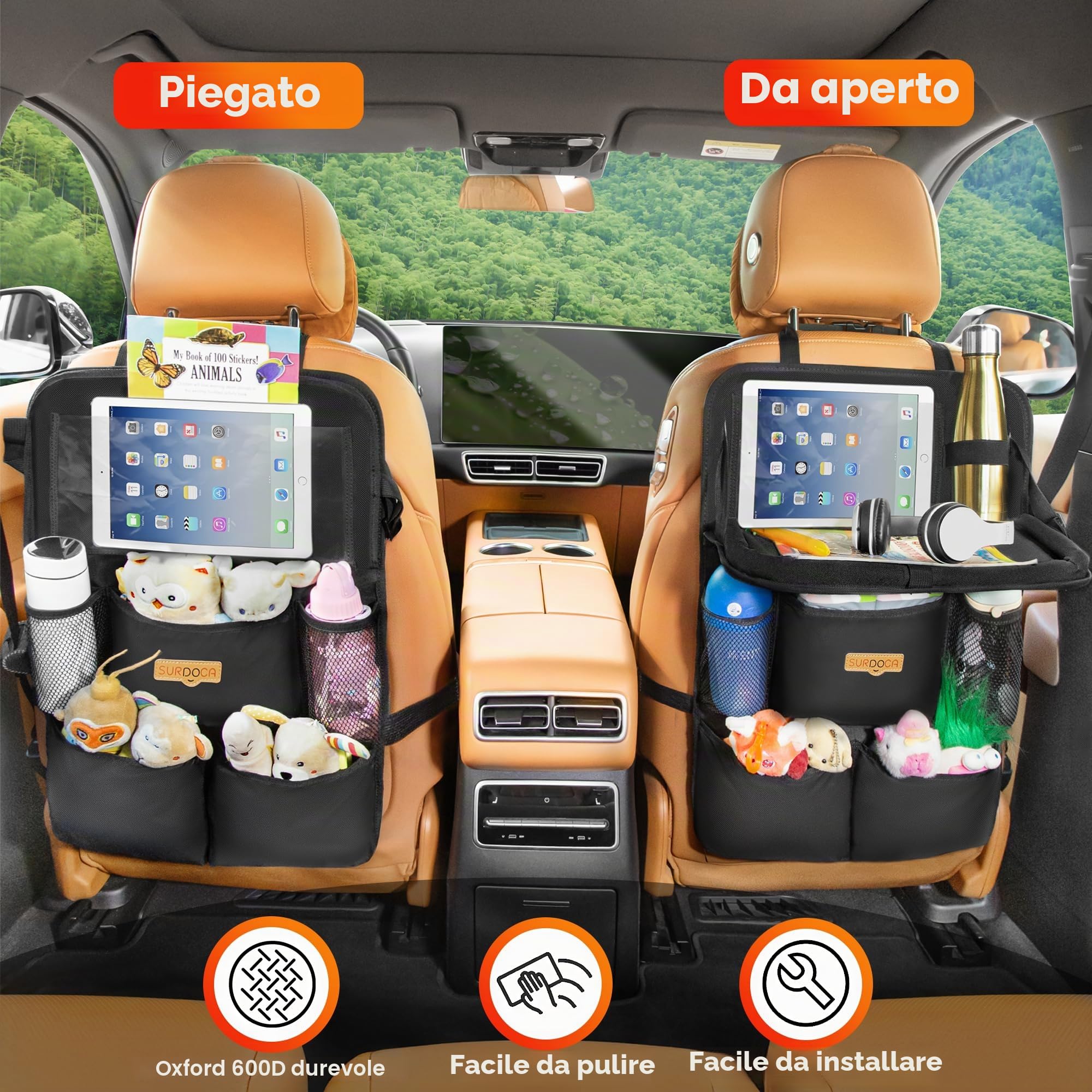SURDOCA Organizer per auto per bambini con tavolo pieghevole, organizer per sedili posteriori con scomparto per tablet touchscreen, protezione per lo schienale impermeabile, si adatta alla maggior