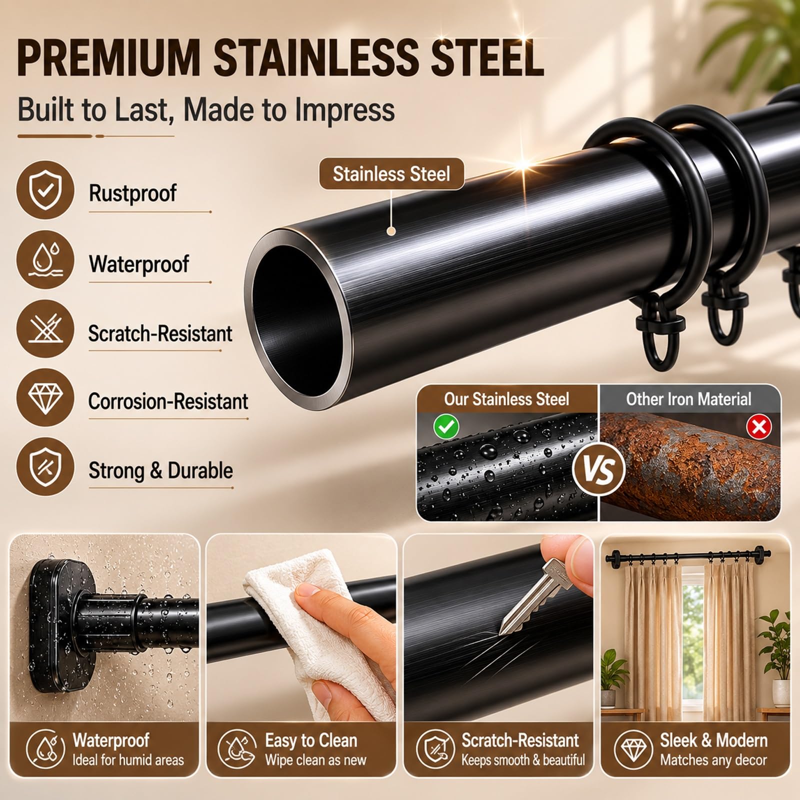 Bastone Tenda Doccia con 20 Anelli, da 50 a 520 cm, Bastone Tenda a Pressione in Acciaio Inox Antiruggine, Non Necessita di Foratura, Adatta a Finestre e Armadi(Black,210-310cm/83-122in)