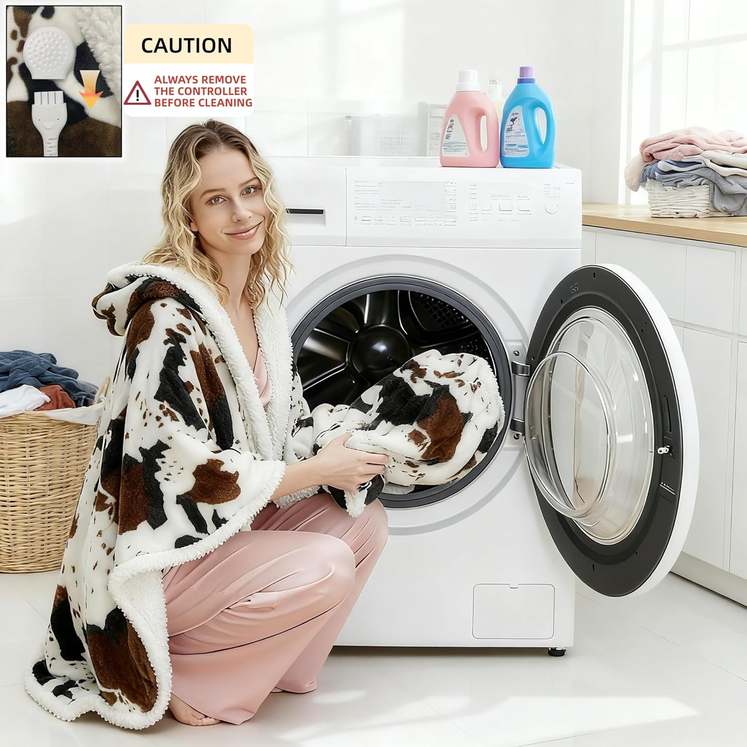 Heated Electric Blanket Shawl Cow Print Wearable Heated Blanket with Hood & Pocket, Winter Gifts for Adults, Soft Heating Blanket Throw with 4 Heat Levels & Auto Shut-Off, Cow Print, 50" x 64" - Image 8