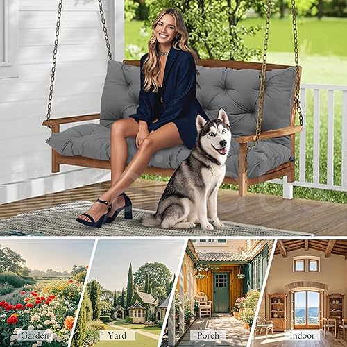 Miniatura 6 de Cojines de columpio de repuesto impermeables de 3 plazas con respaldo y 8 lazos gruesos de 4 pulgadas, cojín de banco de repuesto para muebles