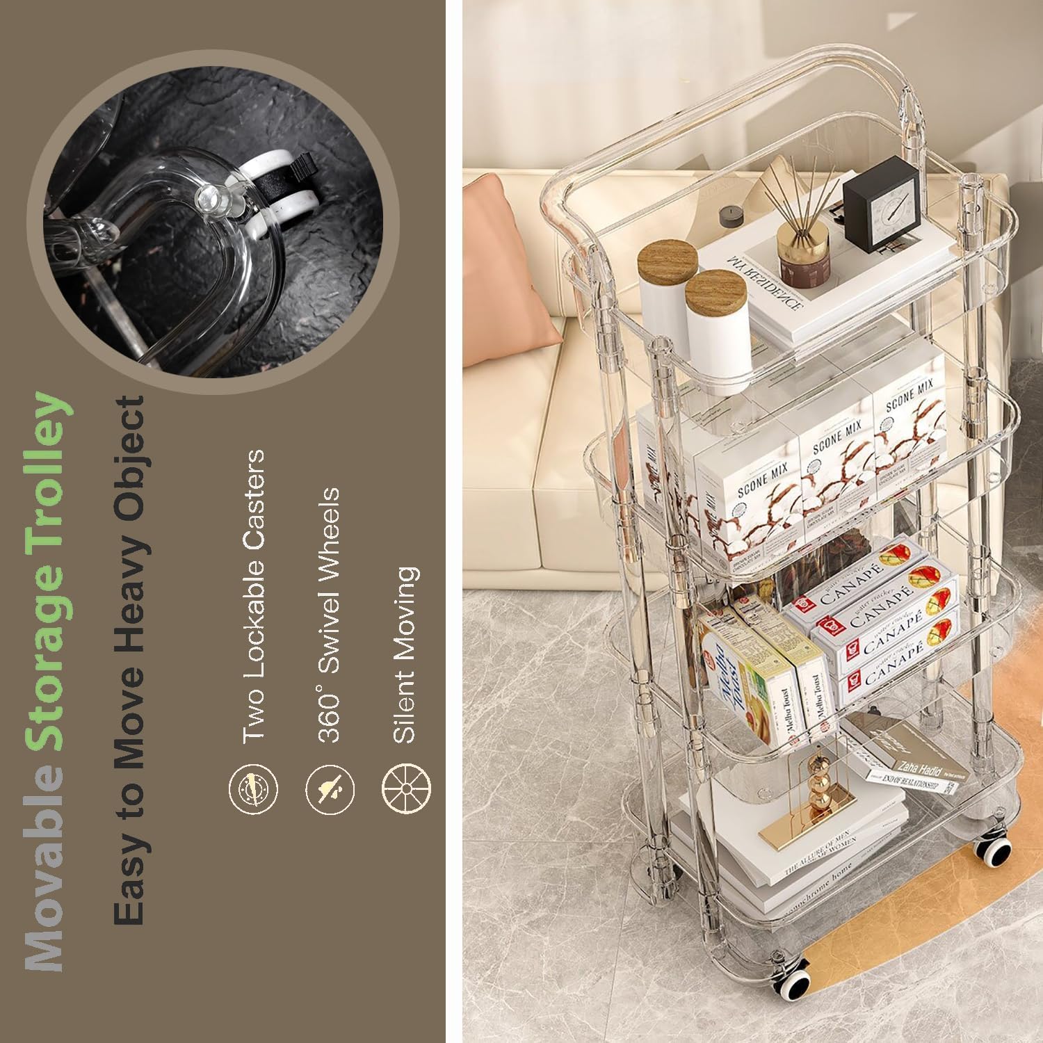 KLIZNIL Transparent 4 Layer Trolly, Acrylic Trolley Organizer, Modern Trolley Racks, Bathroom Stand Rack, Vegetable Rack Fruit Storage Rack, Multipurpose Acrylic Space Saver Storage Trolley 4