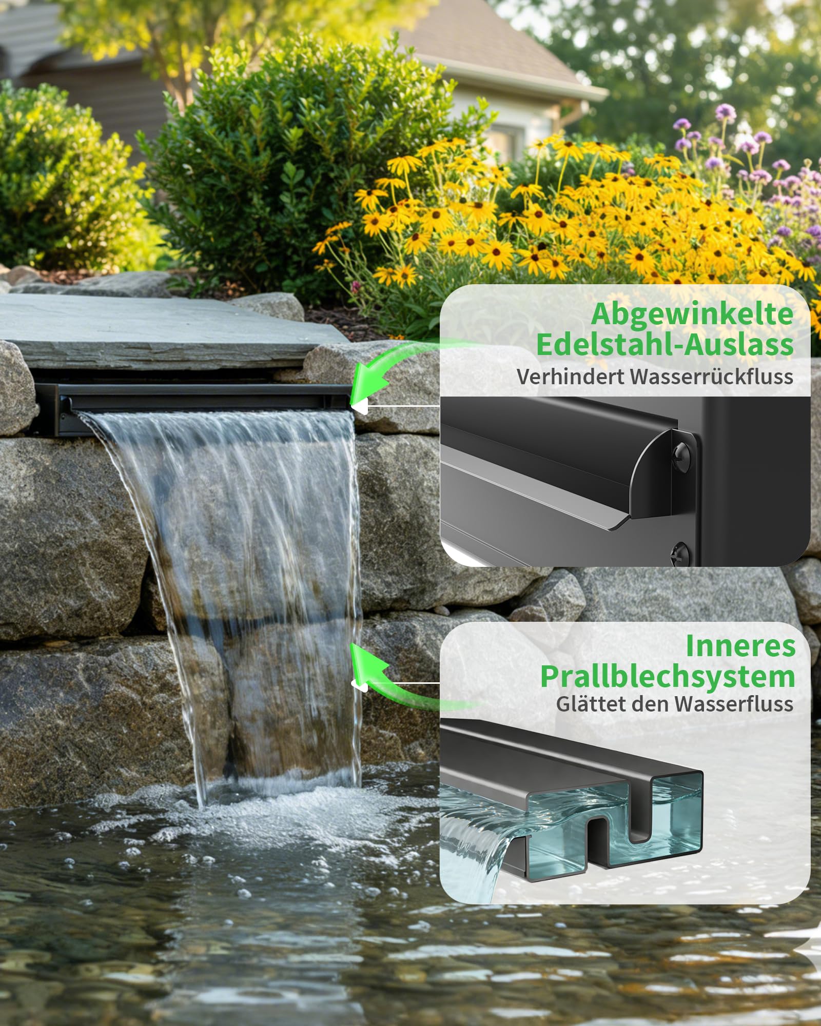 POPOSOAP Teichwasserfall-Set, All-in-One Gartenteich Wasserfall Überlauf mit 4600 l/h Tauchpumpe, Filterbox und Schlauch für Gartenteich, Fischteich und dekorative Wasserfunktionen (Medium)