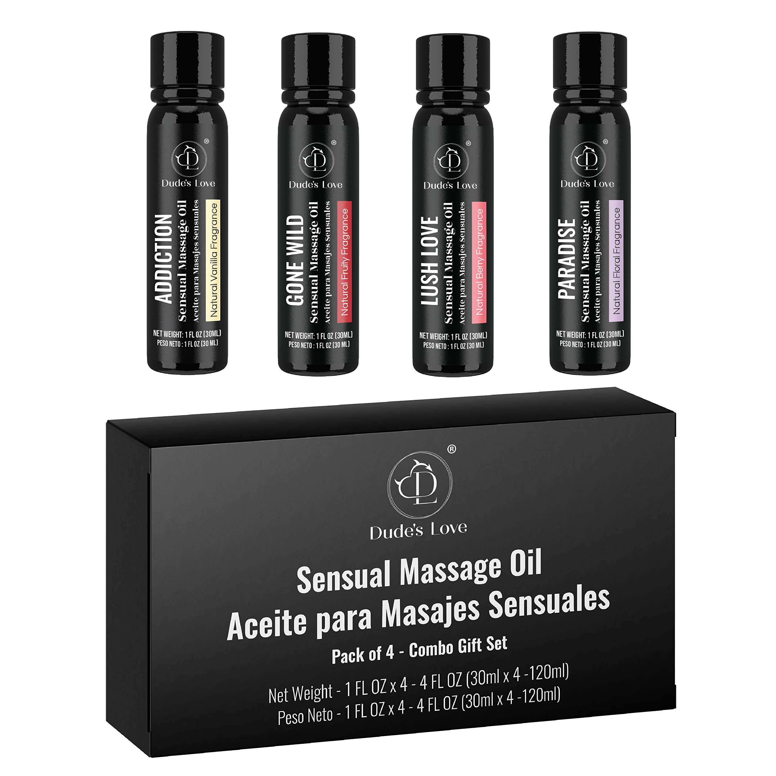 Dude's Love - Paquete de 4 aceites de masaje sensual aromático comestible para todo el cuerpo - Set de regalo combinado | Pack de Prueba Aceite de Masaje con Aceites Esenciales - 120 ML