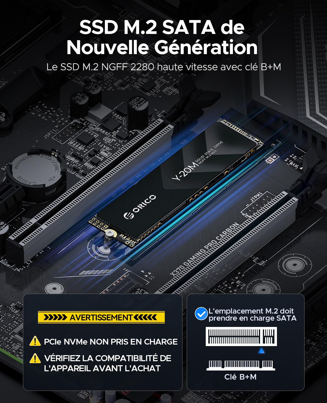 ORICO 512Go M.2 2280 SATA SSD, SATA III 6Gbps M2 SSD avec Clé B+M, 500MB/s Disque Dur Interne pour Ordinateur de Bureau/Portable - Y20M