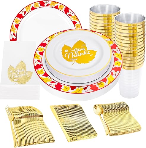 Supernal Juego de vajilla dorada de 200 piezas, platos de plástico de Acción de Gracias con diseño de hoja de arce dorada, cubiertos de plástico