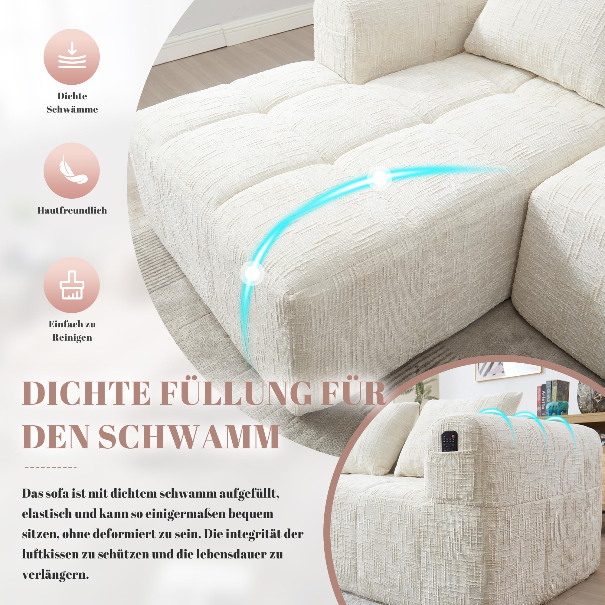 Divano con funzione di sonno Grande divano a 3 posti a forma di L, design moderno, mobili imbottiti, poltrona lounge con chaise longue, braccioli e 3 cuscini