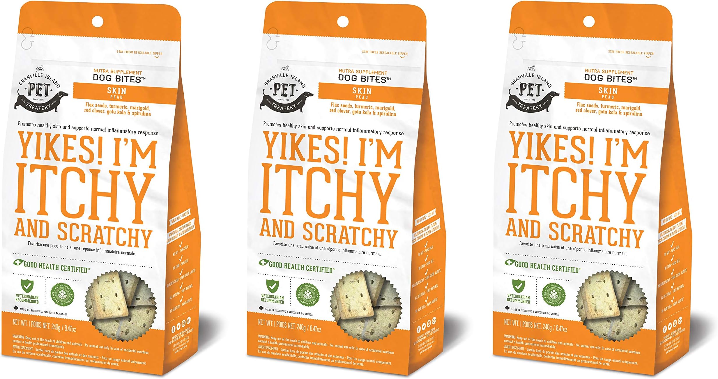 Granville Island Pet Treatery 3 Pack of Skin and Coat Nutra Bites, 8.47 Ounces Each, Anti-Inflammatory Dog Treats