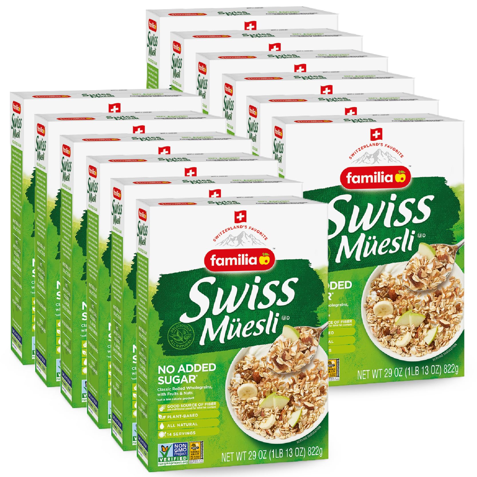 Familia Swiss Muesli Cereal, 0g Added Sugar, Energy-Packed Cereal with Raisins, Hazelnuts and Almonds, 12 Ounce Box (Pack of 12)