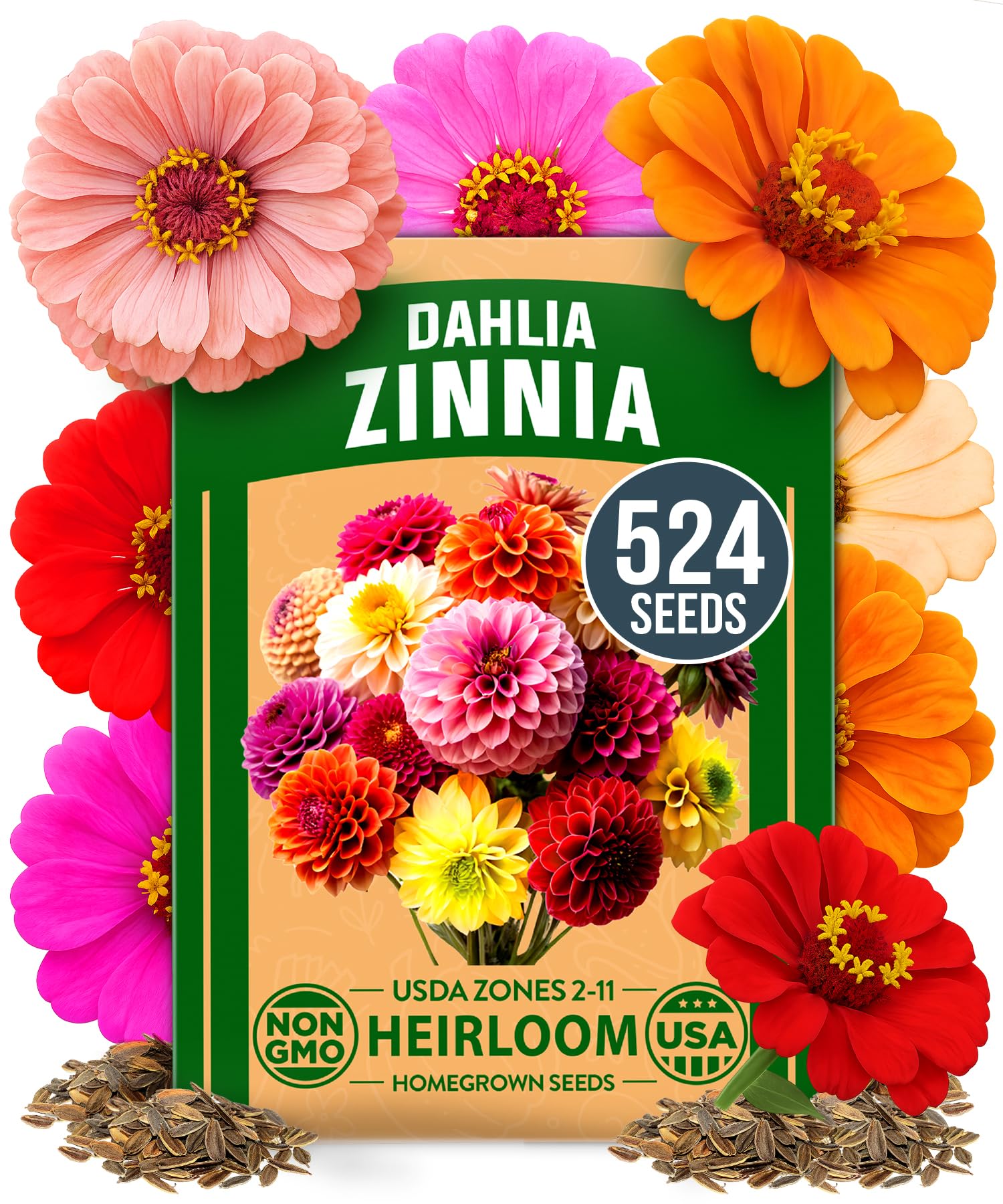 HOME GROWN Zinnia Dahlia Seeds Pack for 2026 – 524 Non GMO Flower Seeds | Vibrant Zinnia Elegans for Pollinator Gardens, Borders & Containers | Easy-to-Grow Outdoor Blooms