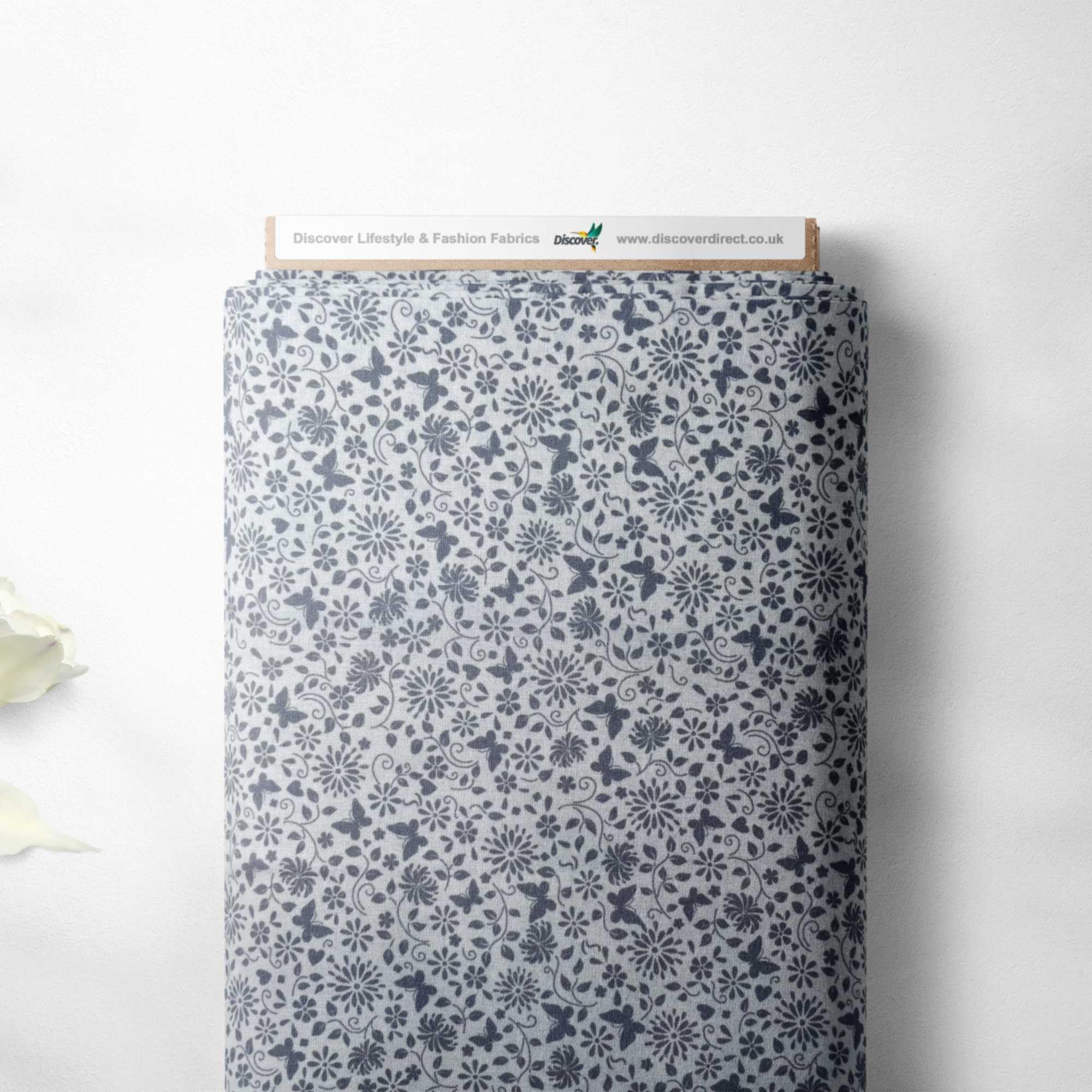 Floral Butterfly Flowers Abstract Design 100% Cotton Craft Quilting Patchwork Bunting Quality Sewing Project Fabric Material | 44" - 112 cm Wide (per Half Metre, White/Dark Grey)